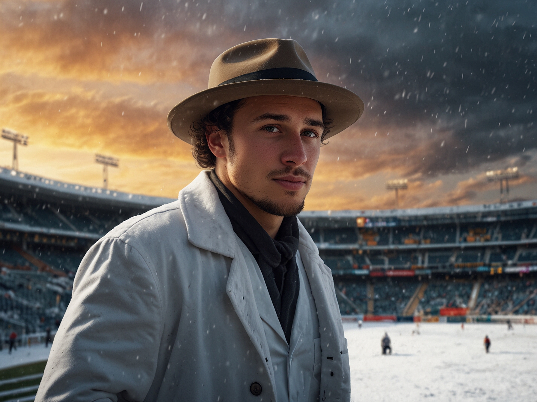 Mack Hollins walks barefoot through a snow-covered Highmark Stadium, showcasing a daring attitude amidst the winter storm. He wears an oversized hat and a lab coat, blending humor and toughness.