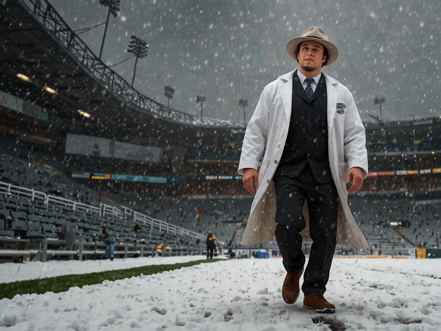A close-up of Mack Hollins' feet in the snow, emphasizing his unconventional choice to go barefoot during a blizzard, while the stadium filled with curious onlookers watches.