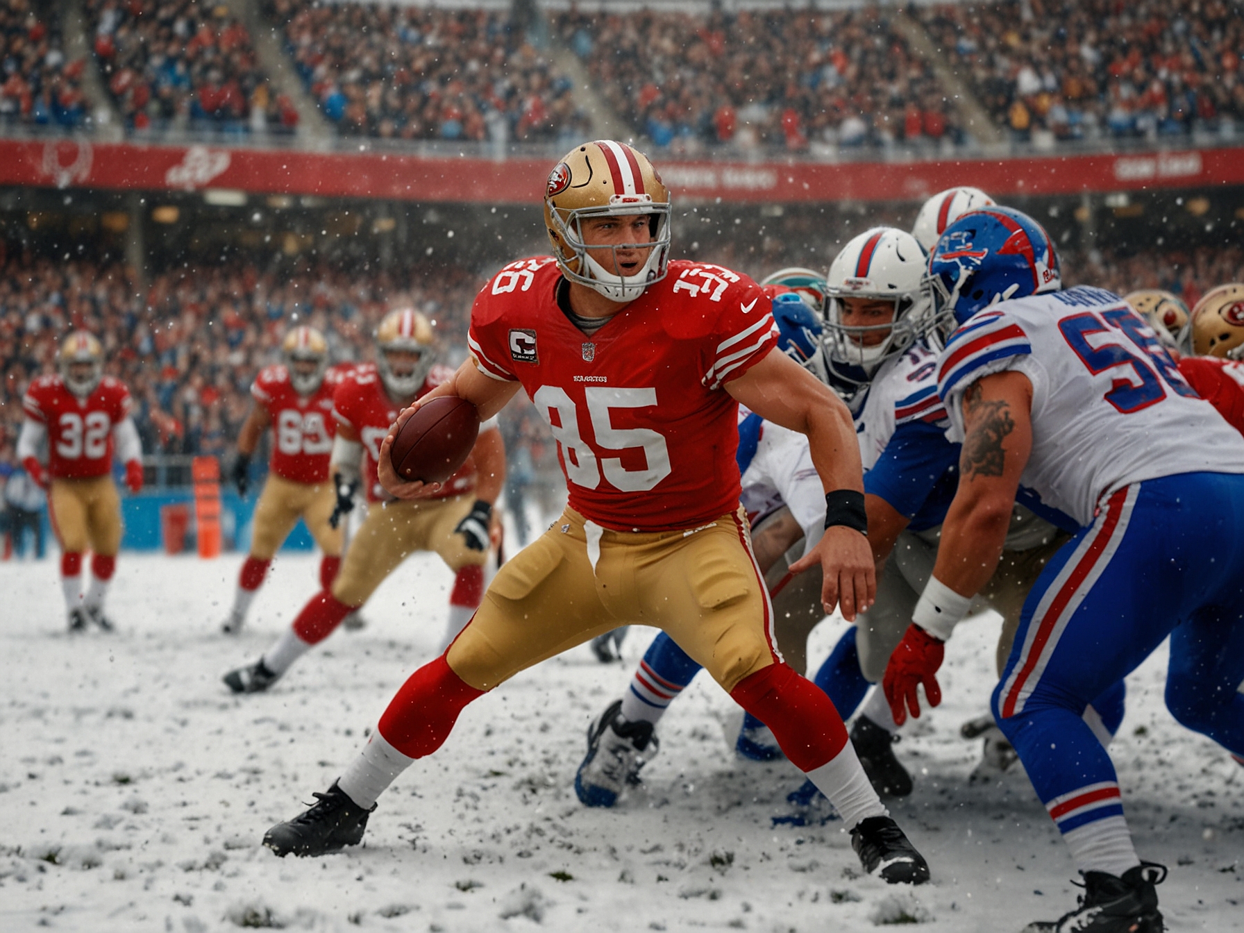 A close-up of Purdy throwing a pass in the snowy game, defenders in the background, showcasing the intensity and challenges he faces on the field.