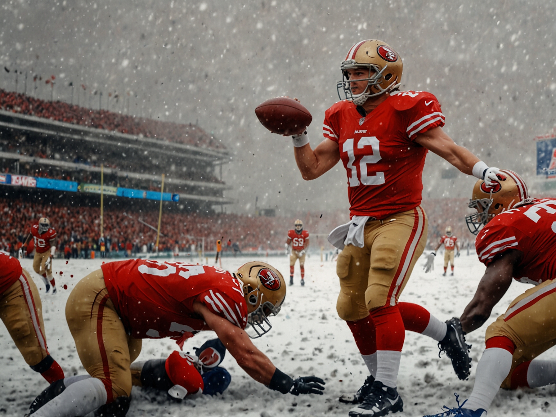 Players from both the 49ers and Bills engage in a tense moment, with snowflakes falling around them, highlighting the dramatic atmosphere of Sunday Night Football.