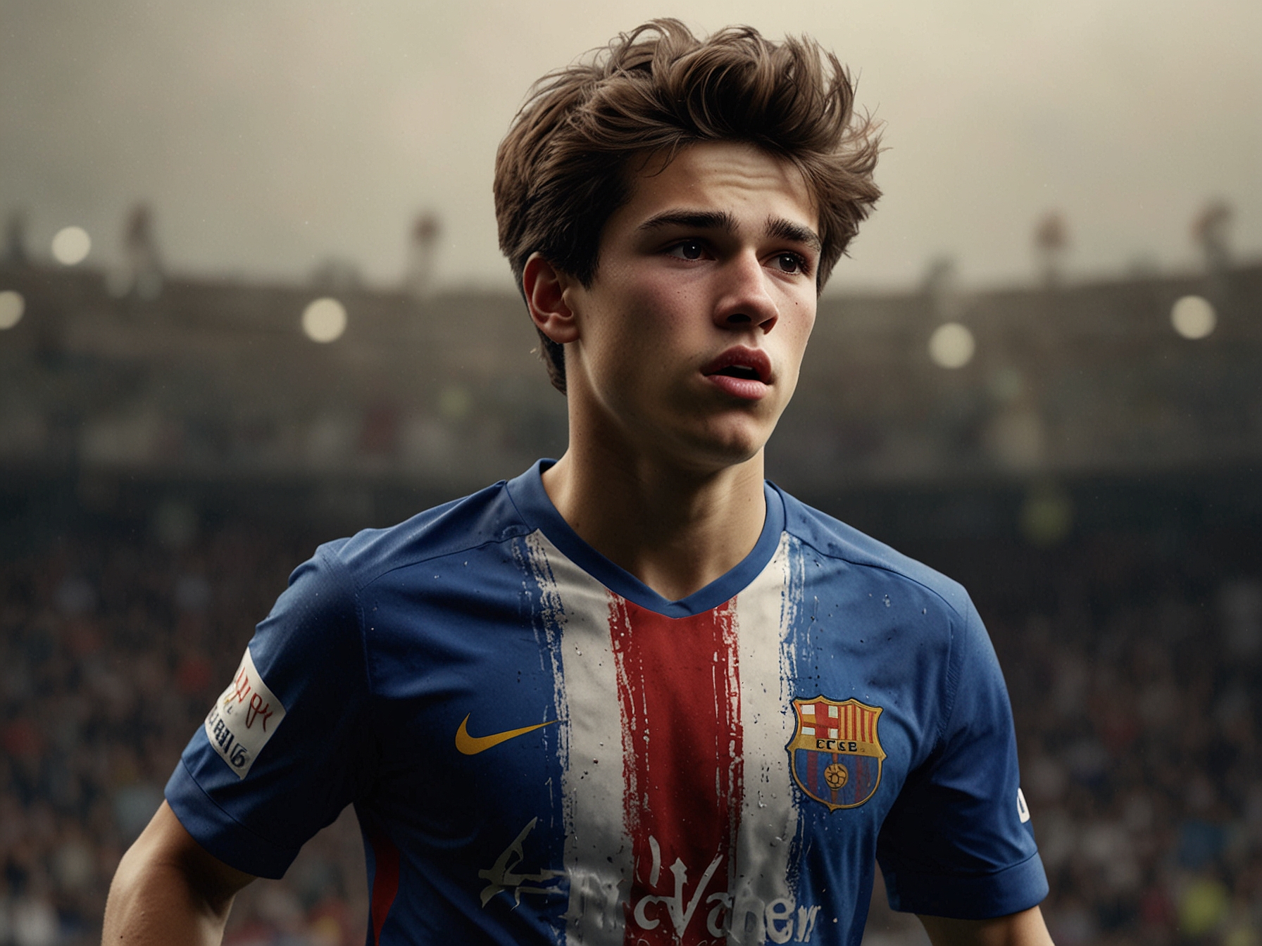 An action shot of Riqui Puig on the pitch, displaying determination as he battles through pain during a match, showcasing his resilience as a young star.
