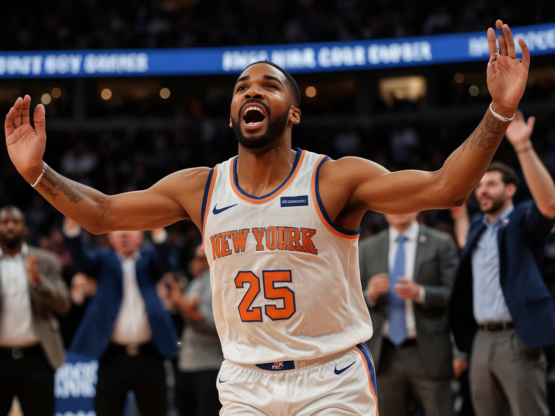 Mikal Bridges celebrates after scoring a three-pointer, energizing the Madison Square Garden crowd during a crucial Knicks victory against the Pelicans.