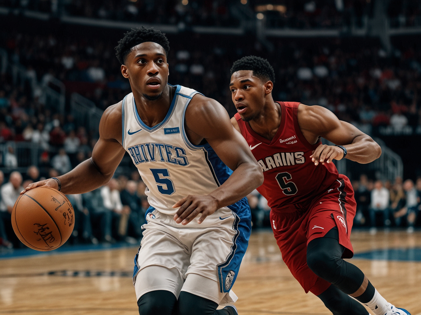 RJ Barrett drives to the hoop, showcasing determination while defenders contest during the intense match against the Miami Heat.