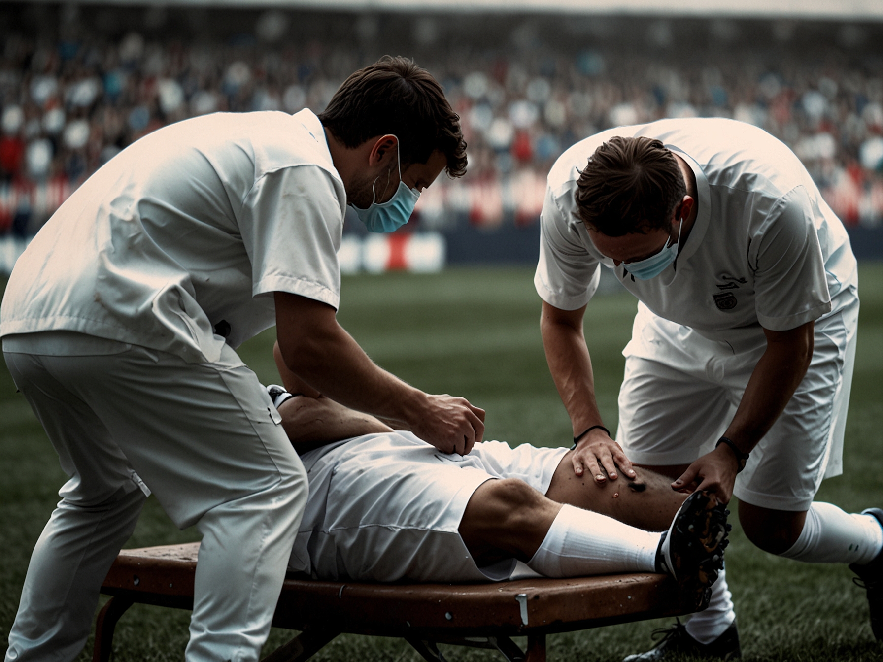 A close-up of Edoardo Bove being attended to by medical staff on the soccer field, with worried teammates and fans in the background, illustrating the tense moment of his collapse during the match.