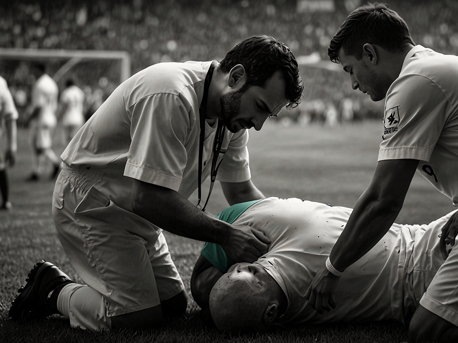 An emotional scene showing fans in the stands looking anxious and concerned as they watch the game halted due to the medical emergency involving Bove, capturing the atmosphere of uncertainty.