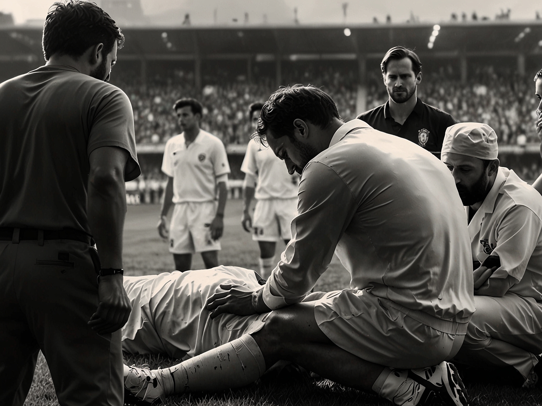 A group of Fiorentina players huddled together in the locker room, visibly distraught, reflecting their emotions and solidarity following the shocking incident with their teammate.