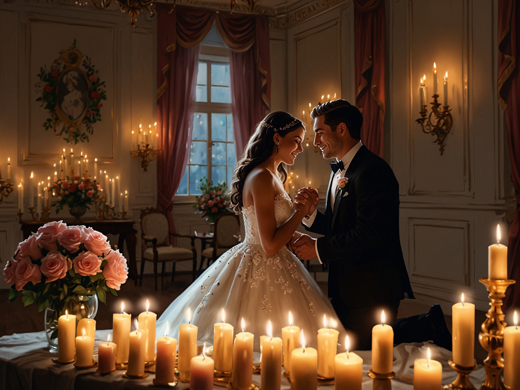 A heartfelt moment between Eric and Jasmin, showcasing their love as they celebrate their engagement amidst family laughter and blessings from their famous parents.
