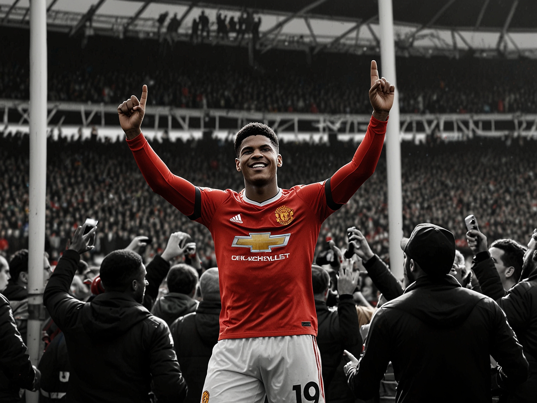 A vibrant scene at Old Trafford featuring Marcus Rashford celebrating his goal, surrounded by ecstatic fans waving Manchester United banners, capturing the joy of the 4-0 victory over Everton.