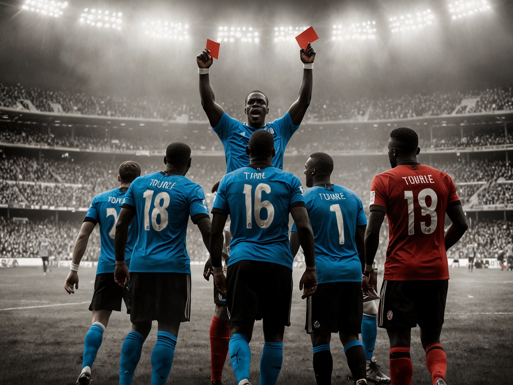 Genoa players celebrating after scoring, showcasing the electric atmosphere of the stadium with fans cheering and waving flags in support of their team.