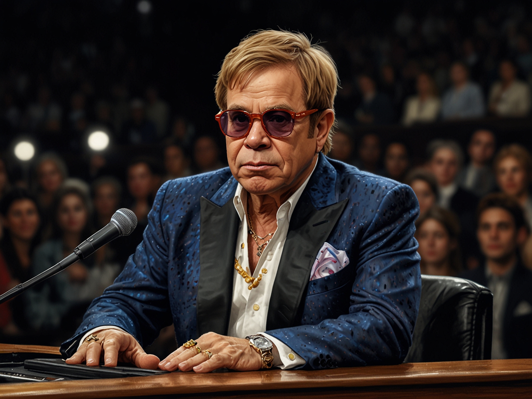 A powerful portrait of Elton John on stage, his eyes reflecting determination and vulnerability as he shares his struggles with vision loss, surrounded by a supportive audience.