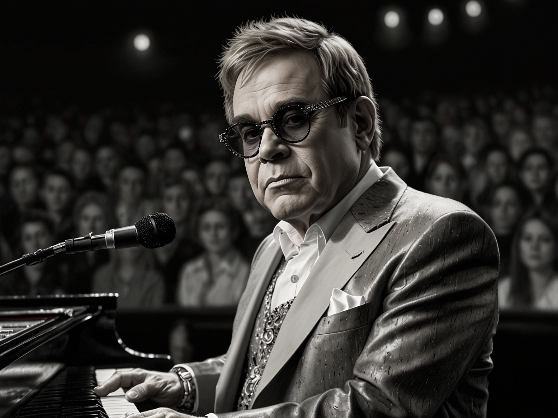 An inspirational scene showcasing Elton John at a piano, highlighting his passion for music despite his vision challenges, embodying resilience and creativity.