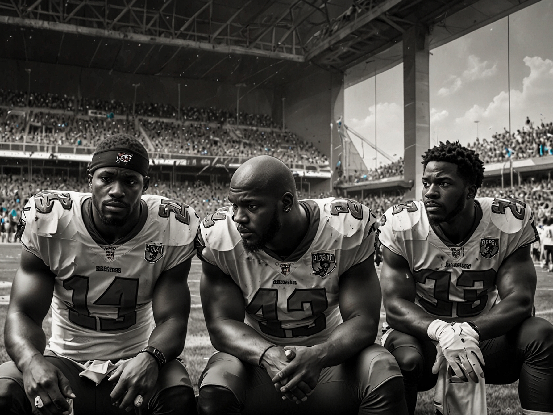 An image of Tampa Bay Buccaneers players on the sidelines, showing concern as they monitor their teammates who are sidelined due to injuries during a tense game against the Carolina Panthers.