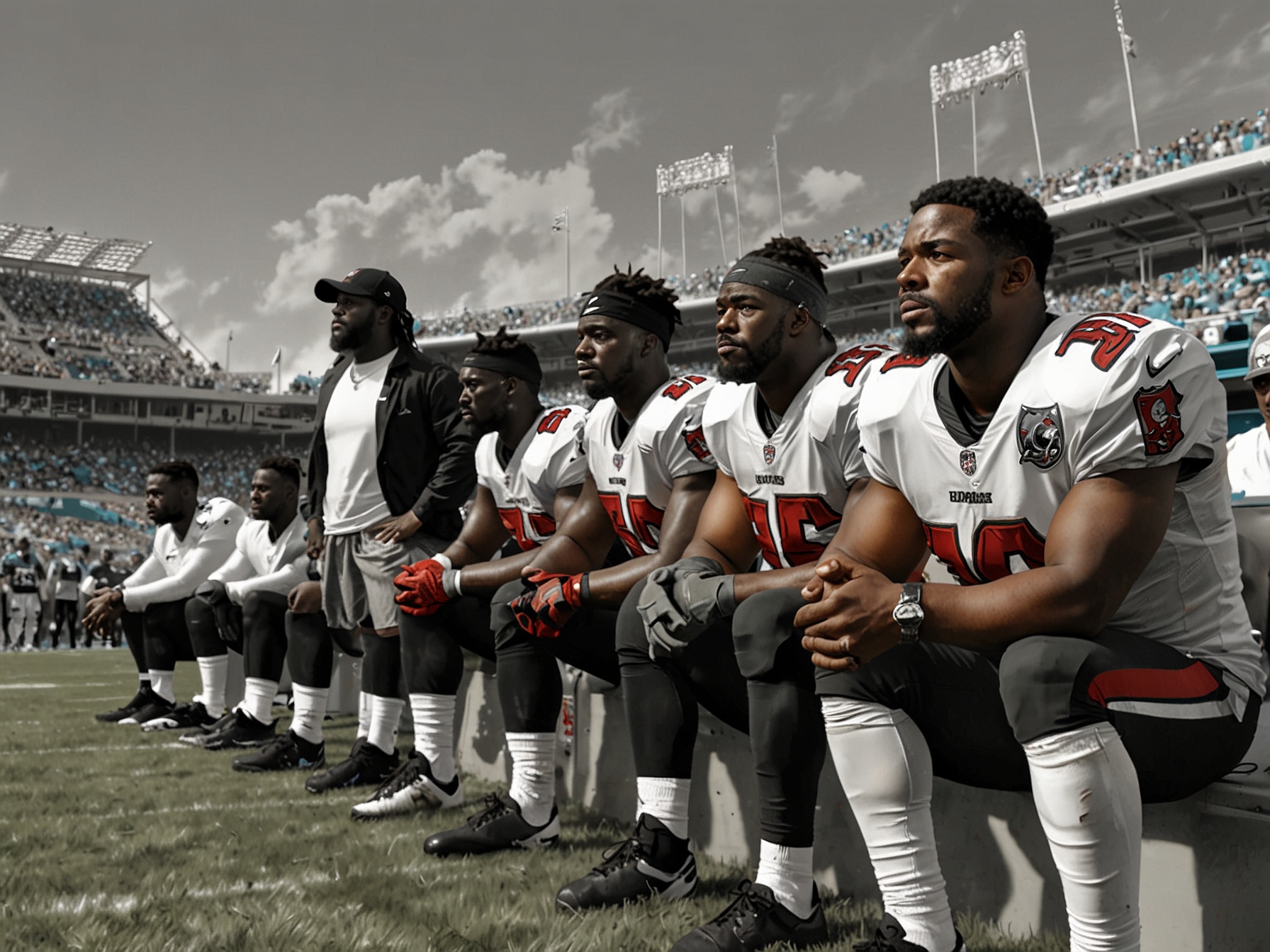 A shot capturing the action on the field where the Buccaneers defend against the Panthers, highlighting the missing key players and their struggles this season due to injuries.