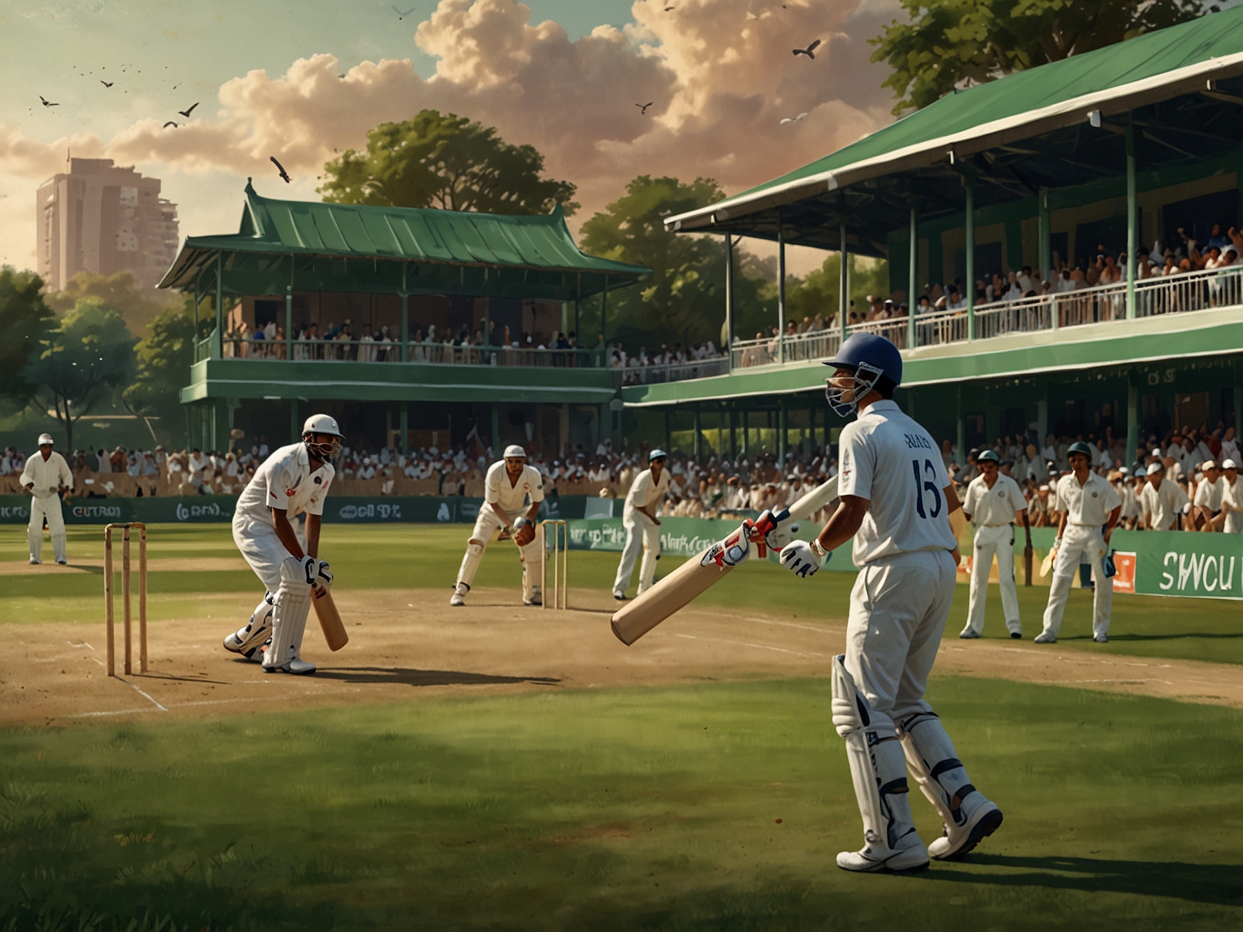An intense cricket match scene showing young players from India and Japan competing fiercely on a vibrant green cricket field, with fans cheering in the background.