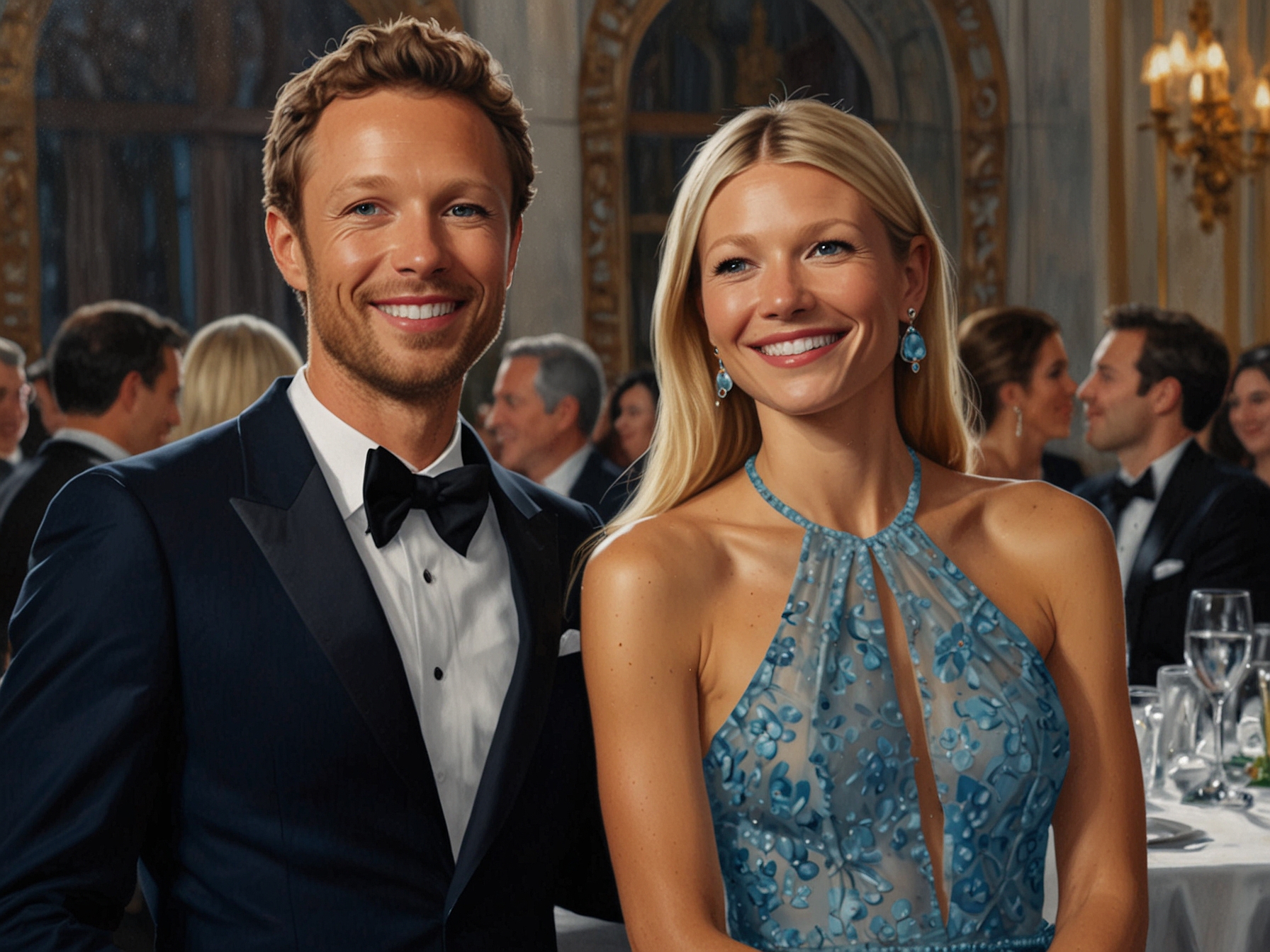 Gwyneth Paltrow and Chris Martin smiling together at the Le Bal des Débutantes, proudly watching their daughter Apple in her stunning blue Valentino gown.