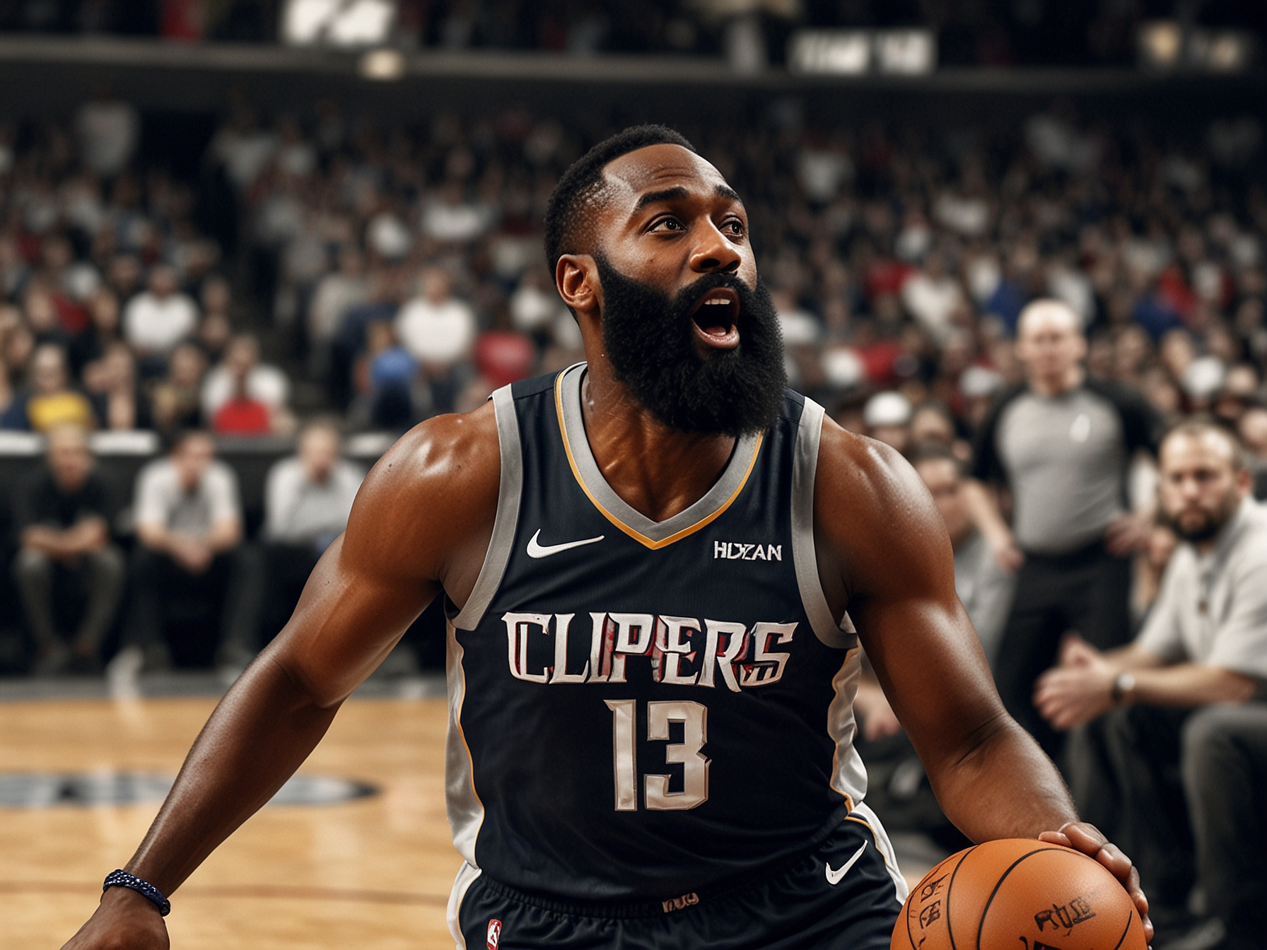 An intense moment during the Clippers vs. Nuggets game, showcasing James Harden driving towards the basket while a defender rushes to block him, with fans fervently cheering in the background.