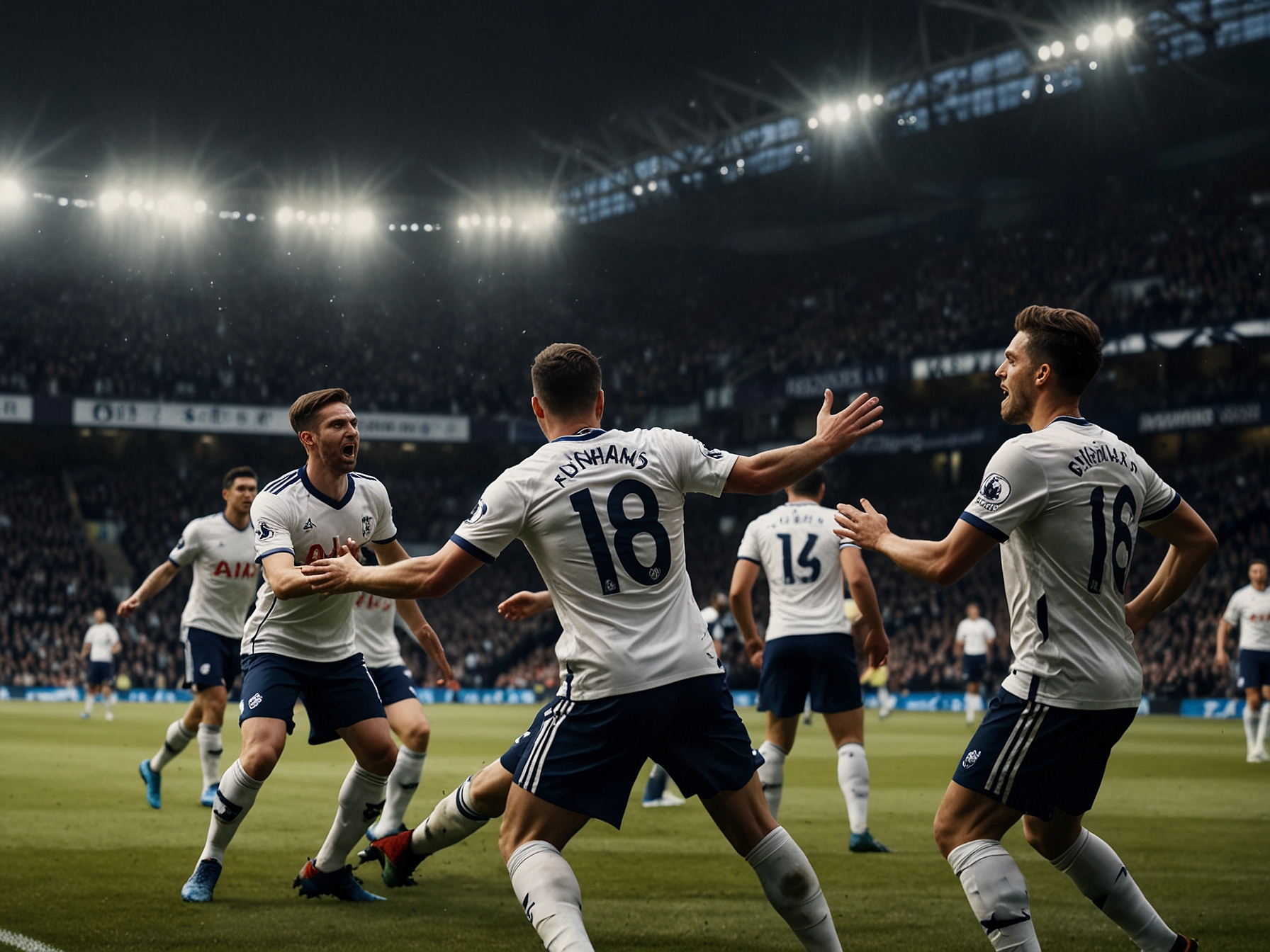 A tense moment during the Tottenham Hotspur vs Fulham match, showcasing players battling for possession amidst an electric crowd atmosphere.