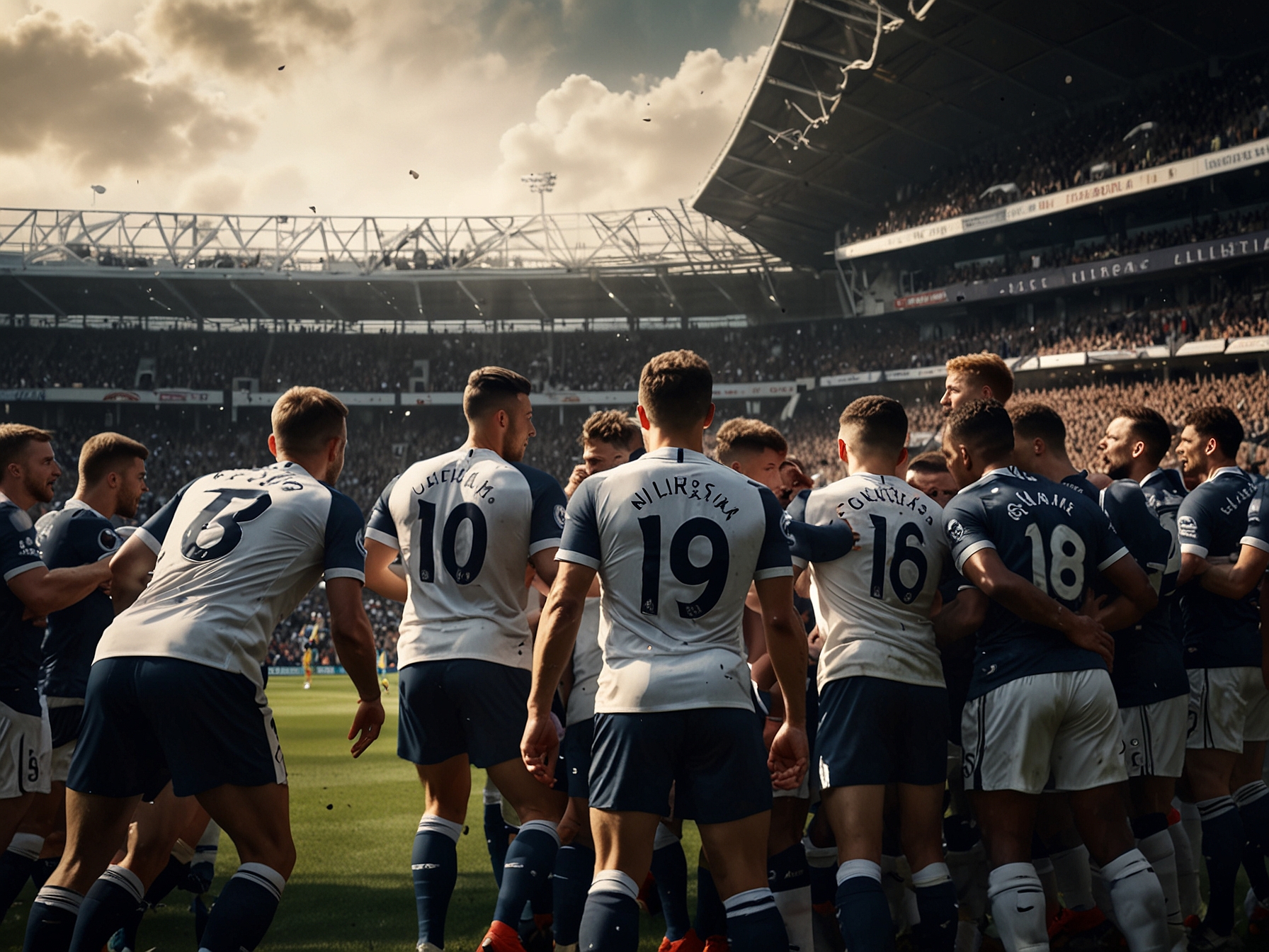 Tom Cairney scoring the equalizer for Fulham, capturing the contrast of emotions on the pitch as joy turns to disappointment for Spurs supporters.