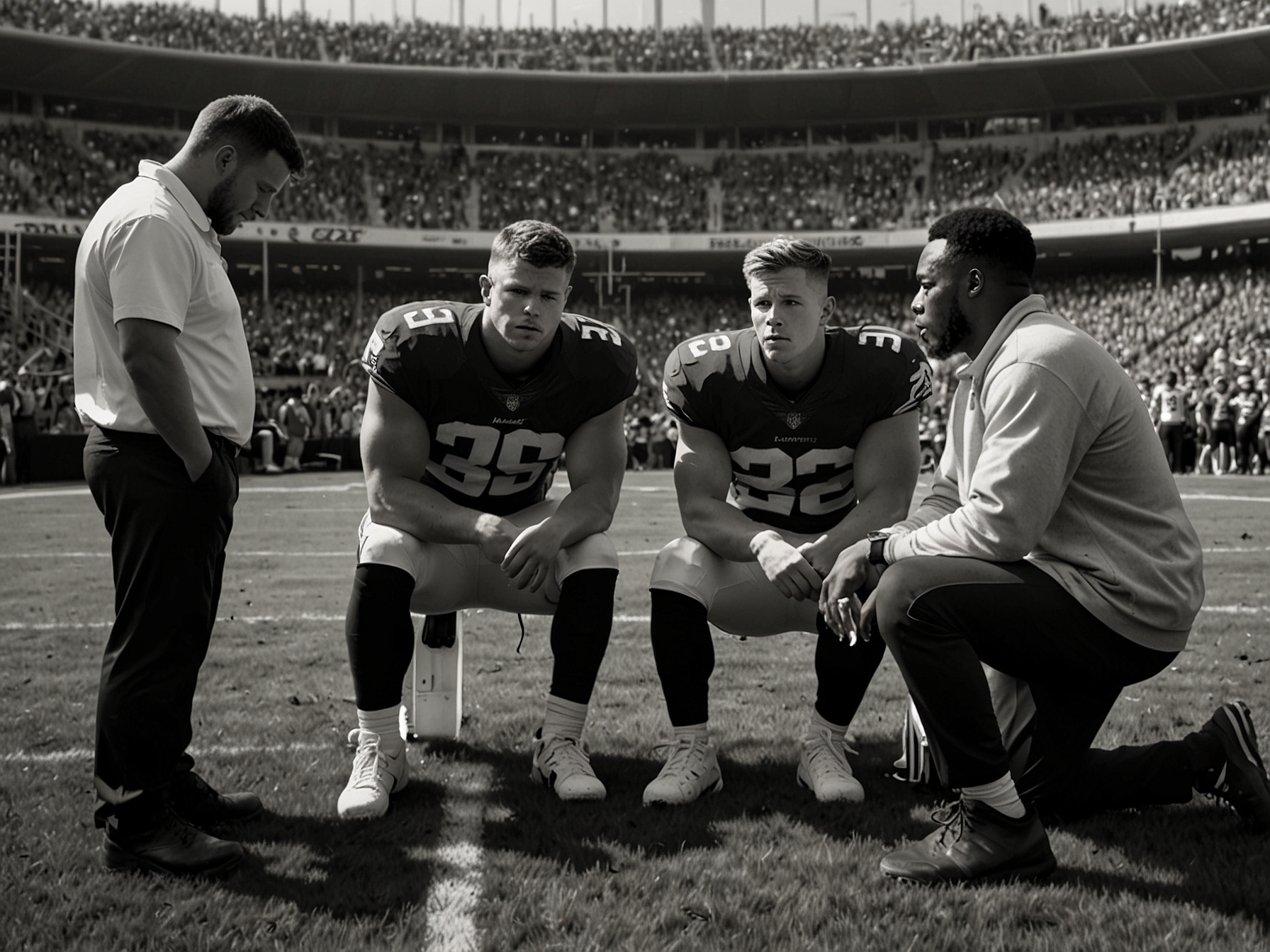 An emotional scene at the football field, with Christian McCaffrey sitting on the sidelines, visibly distressed after suffering a knee injury, while teammates and trainers surround him in concern.