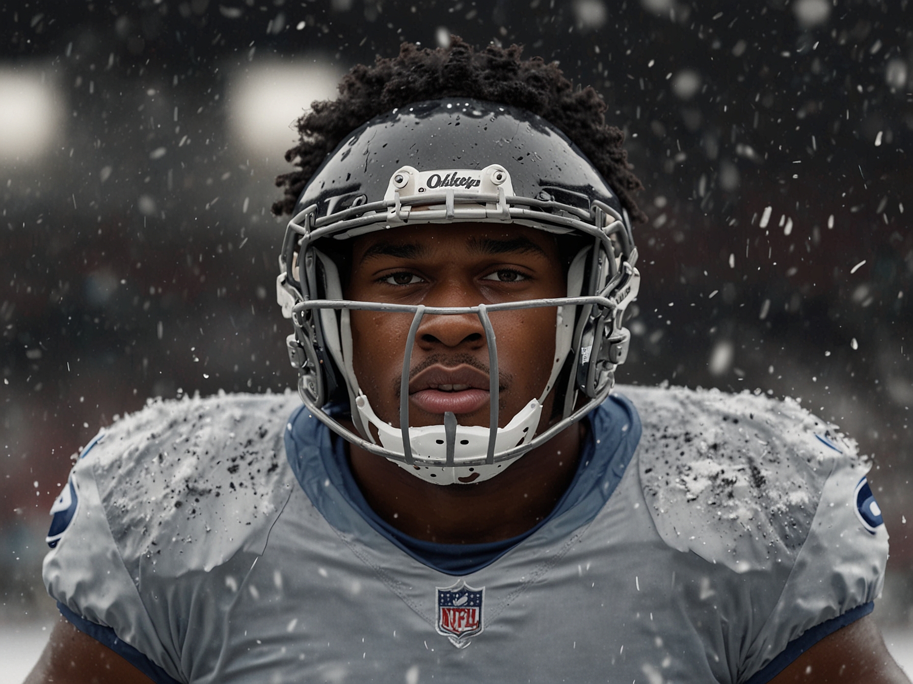 Dion Dawkins on the snowy football field wearing a unique facemask and Oakley goggles, showcasing determination and creativity amidst challenging weather conditions.