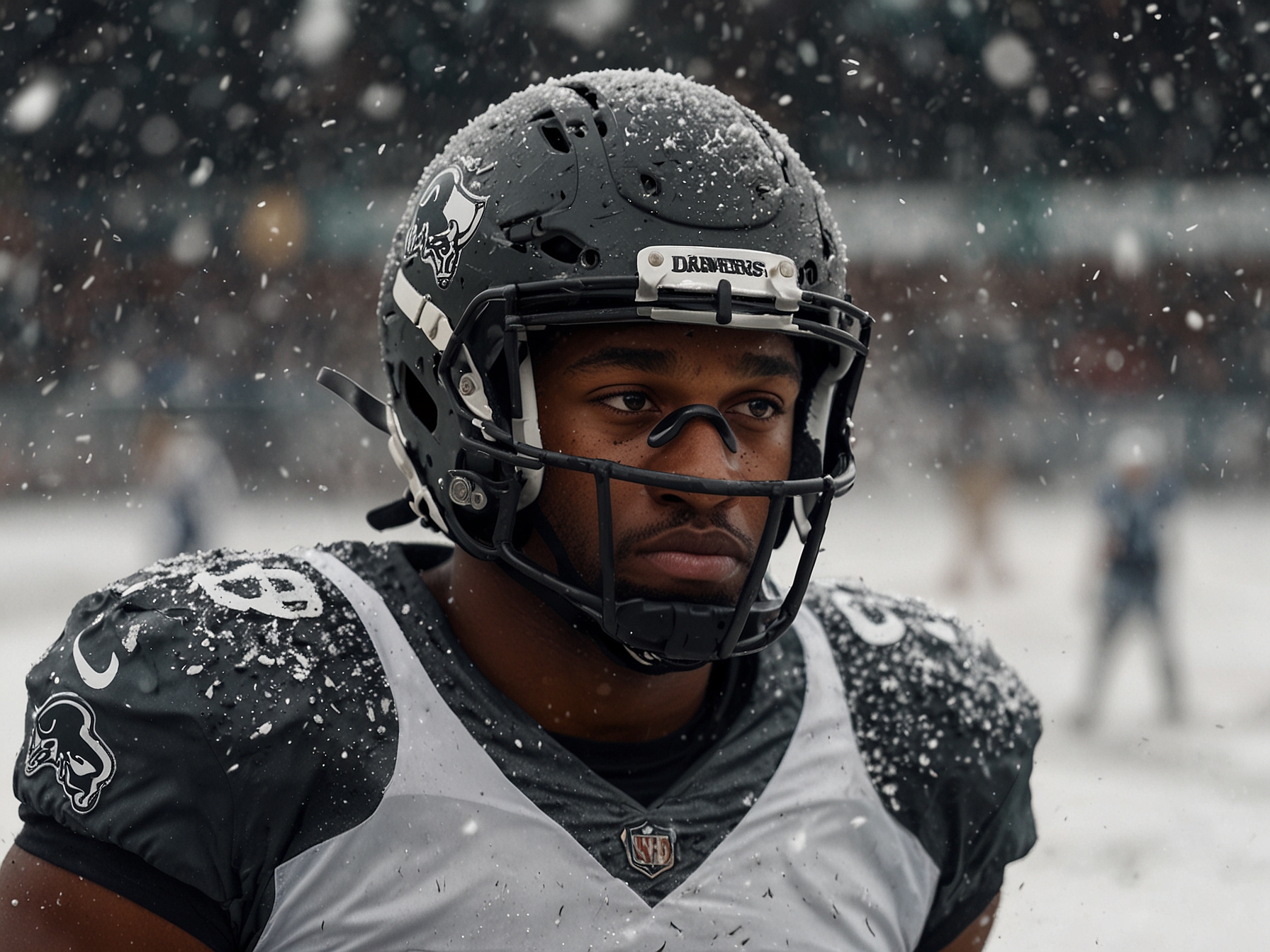 A close up of Dawkins adjusting his Oakley goggles as snow falls around him, highlighting his focus and adaptability during the high-stakes game.