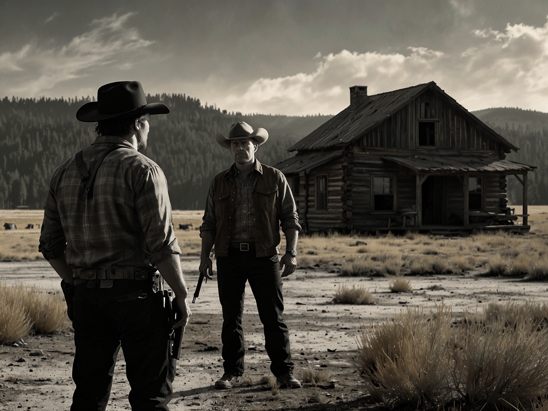 A tense soccer game backdrop with Kayce gripping his weapon, aiming at an individual, capturing the violent conflict between justice and vengeance as he seeks answers about his father's murder.