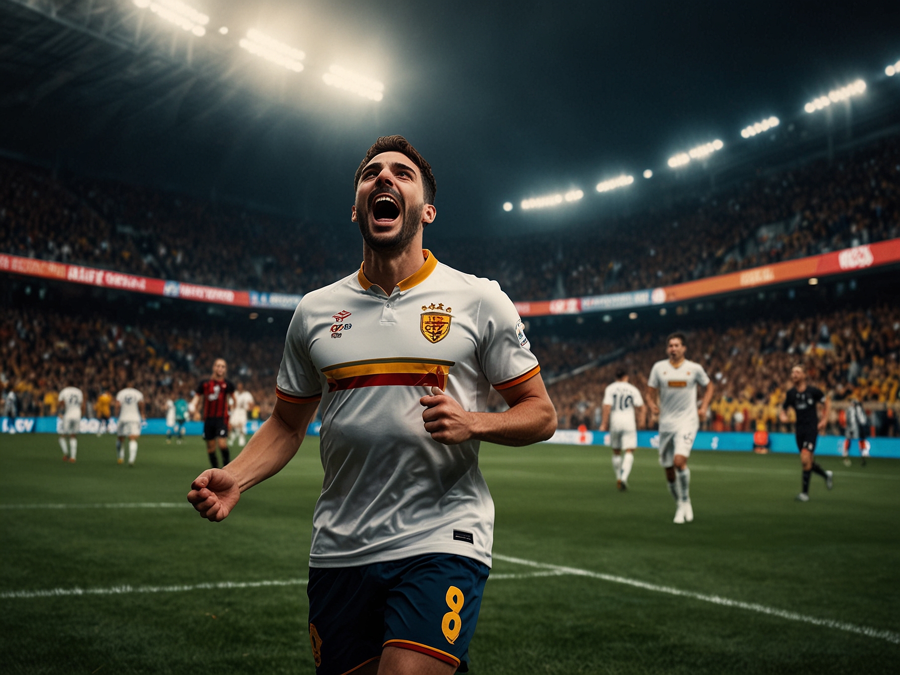 A dynamic scene from the match showing players from Lecce celebrating after scoring the equalizing goal against Juventus, with fans in the background cheering wildly in a vibrant stadium environment.