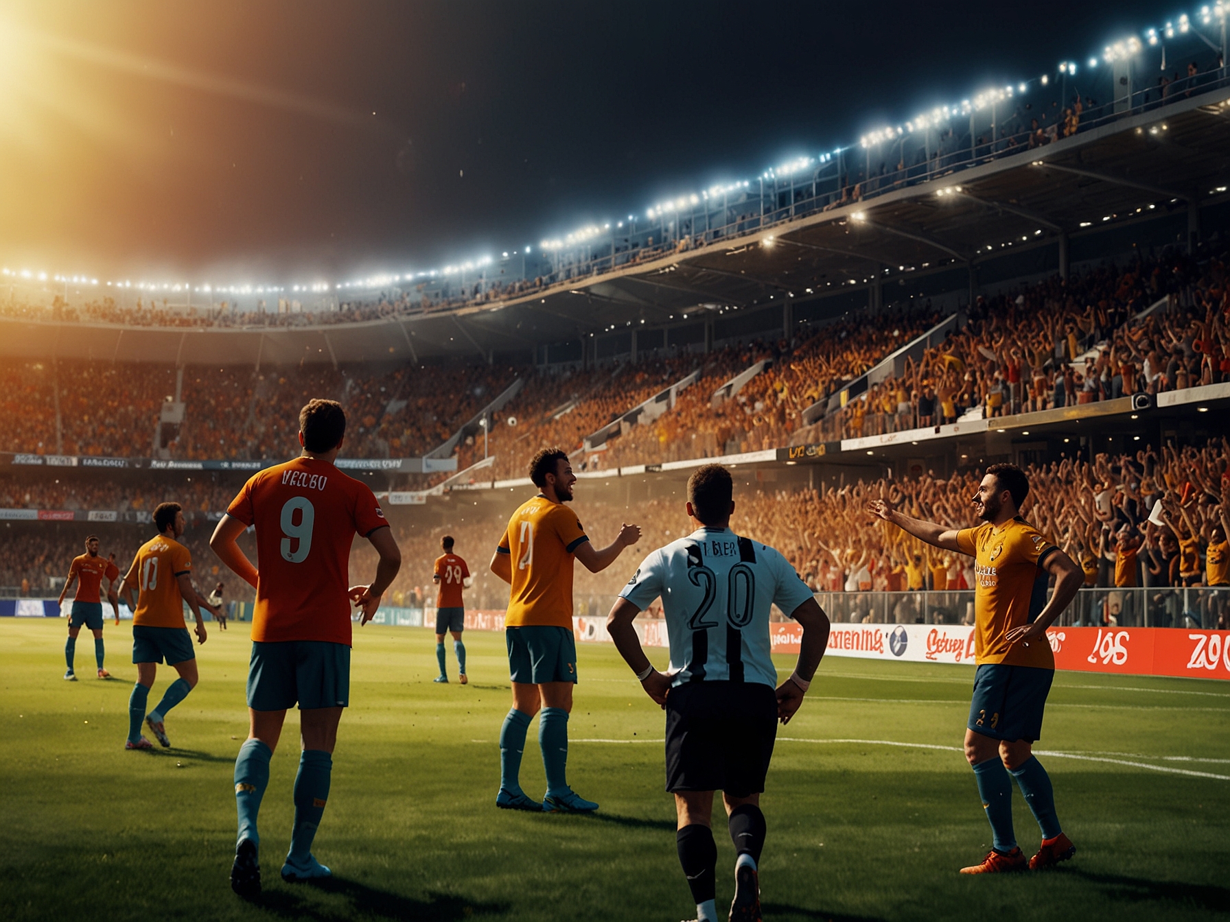 A close-up of Ante Rebic as he scores the last-minute goal for Lecce, showcasing his determination and the electric atmosphere surrounding the match, with fans erupting in celebration.