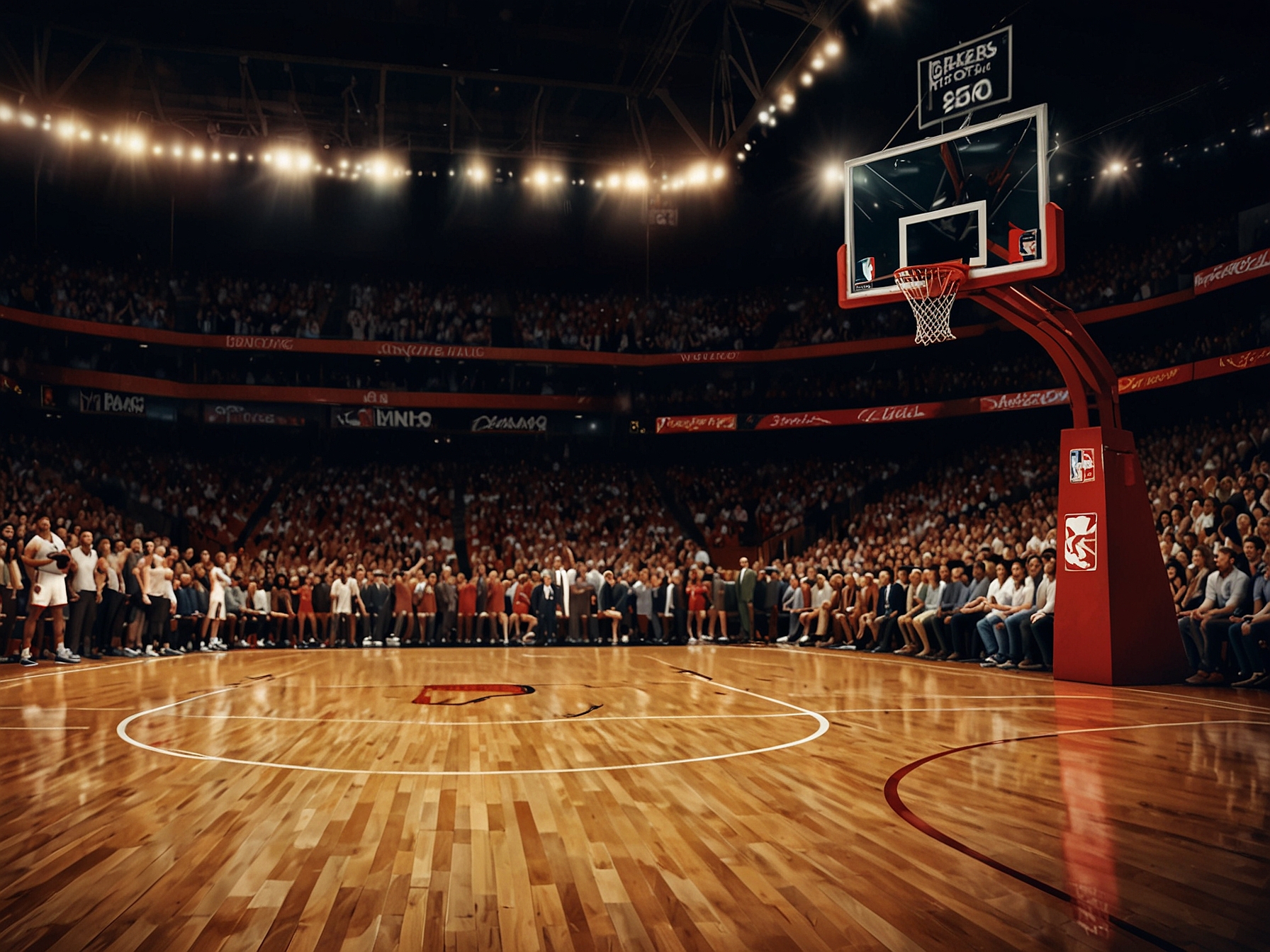 A dynamic image of a basketball court showing the intense atmosphere of an NBA game, with players from both the Blazers and Mavericks in action, demonstrating the competitive spirit of the matchup.
