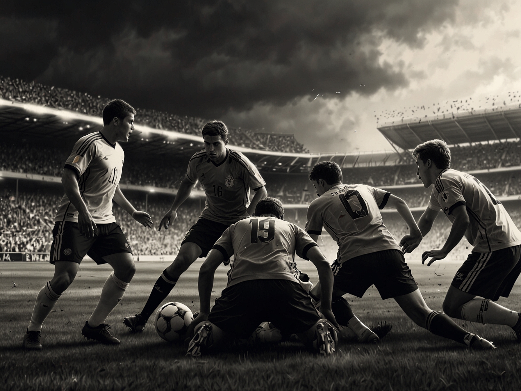 A tense moment on the soccer field showing players from both teams rushing to assist a fallen teammate, emphasizing the urgency and concern shown during the incident.