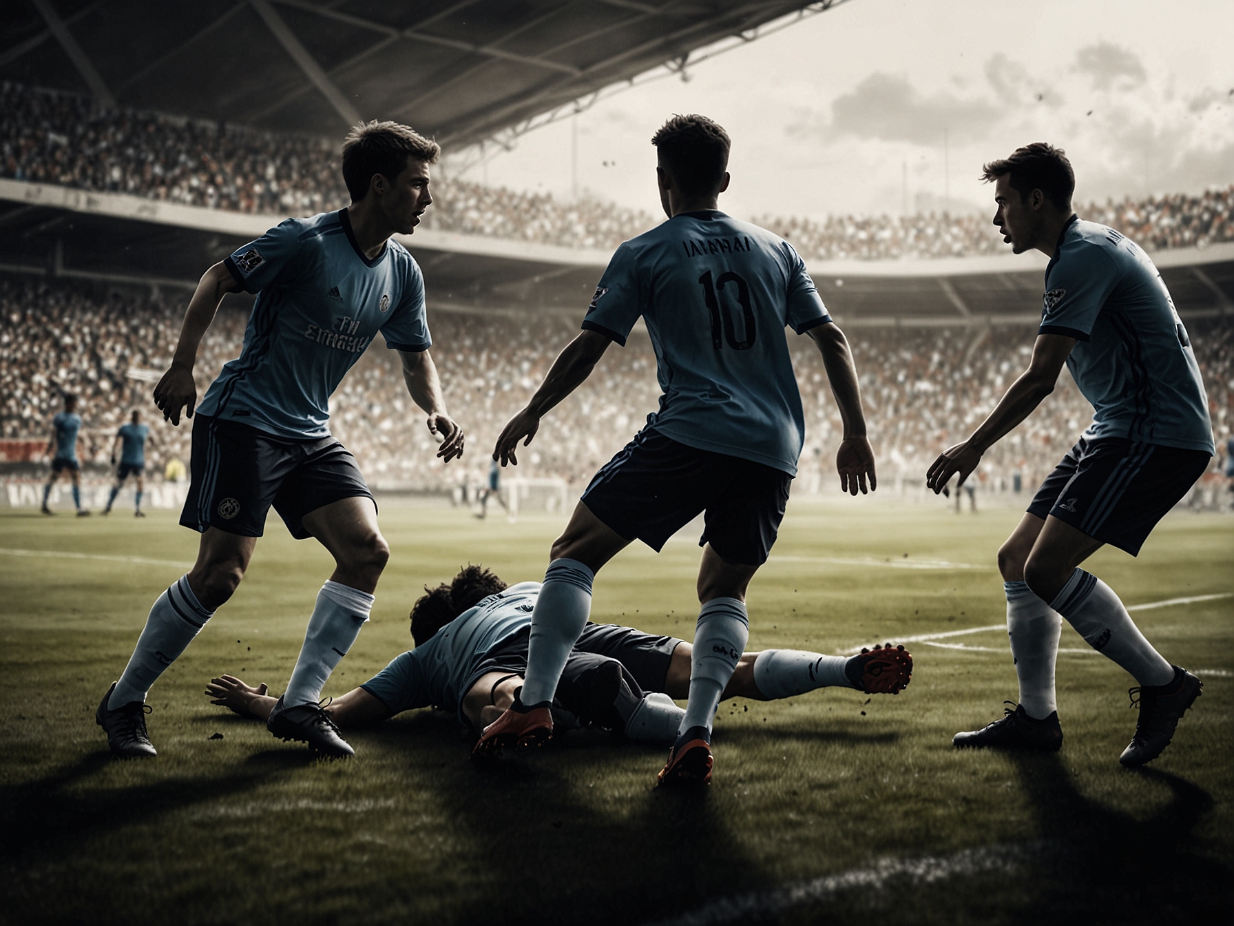 Medical personnel attending to a collapsed player on the field, surrounded by concerned teammates and opposing players, showcasing the solidarity in sports during emergencies.