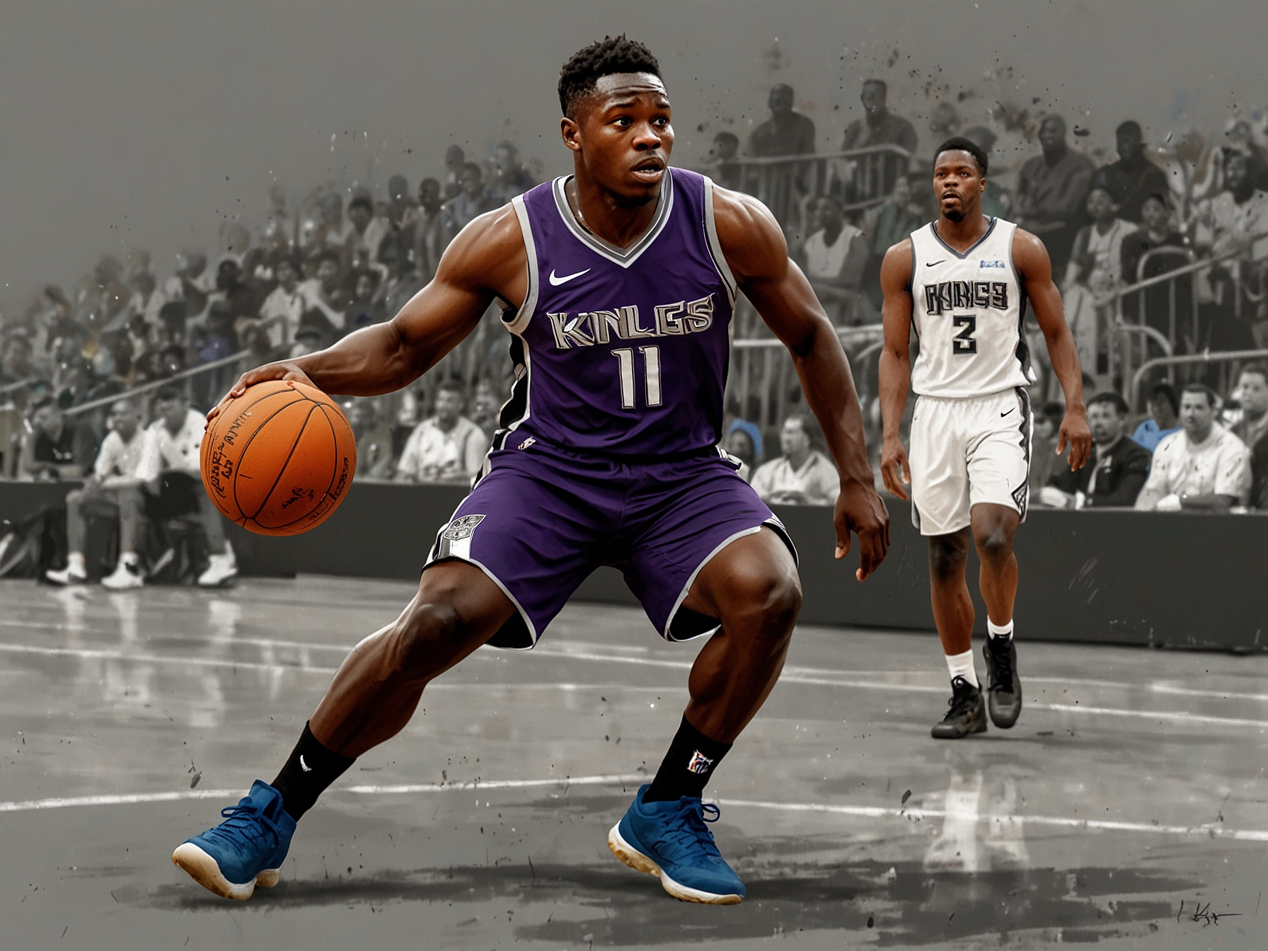 Victor Wembanyama dribbling the ball down the court during the game, displaying excellent agility and control while being closely guarded by a Kings defender.