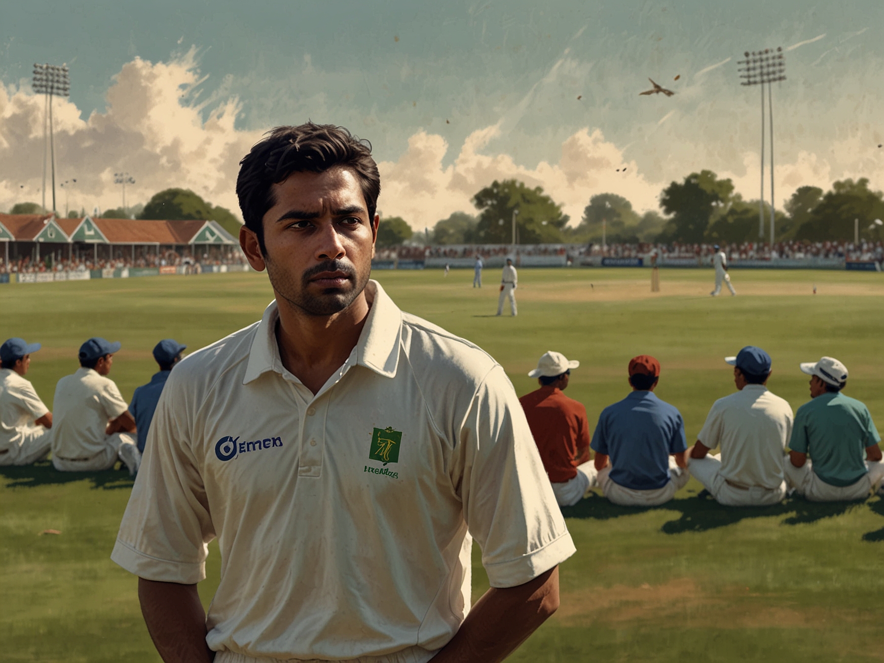 A young cricket player, Andre Siddarth, looking contemplative on the field, symbolizing the highs and lows of his cricketing journey, with teammates and a cheering crowd in the background.