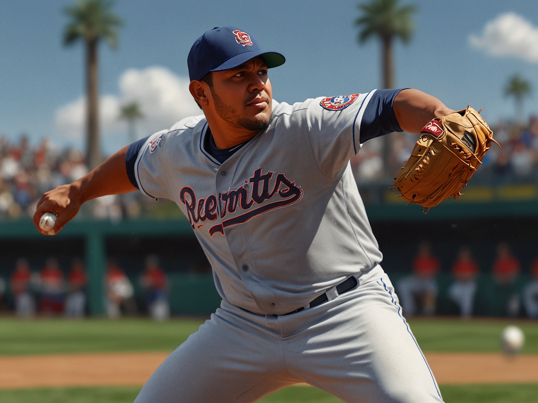 An action shot of Frankie Montas pitching during a game, showcasing his focused expression while throwing a fastball, with a vibrant stadium backdrop full of enthusiastic fans.
