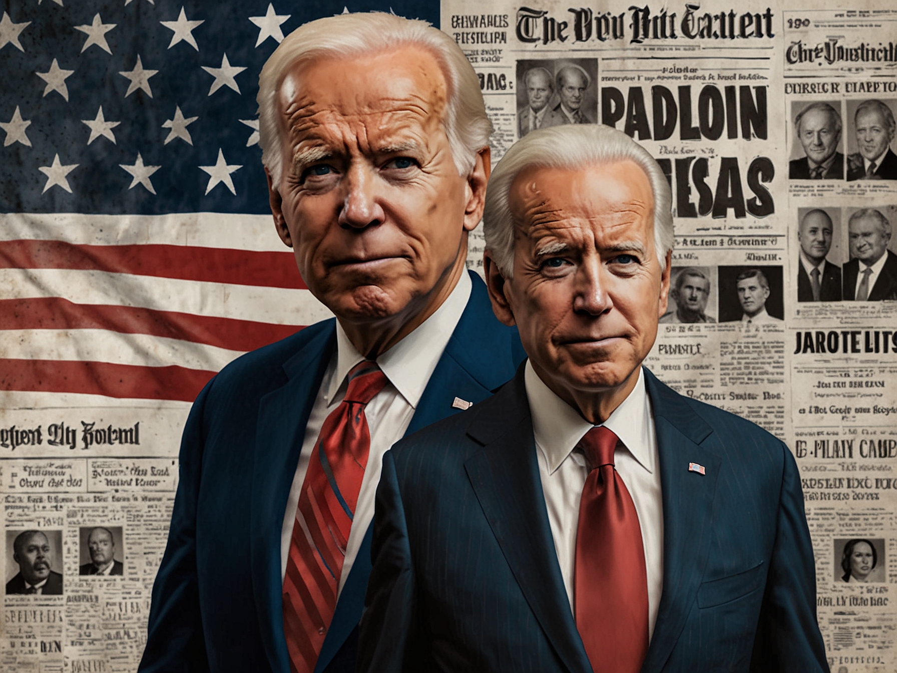 A courtroom scene with the words 'Justice' and 'Pardon' displayed prominently, representing the legal and ethical dilemmas surrounding presidential pardons in the context of family loyalty and political maneuvering.