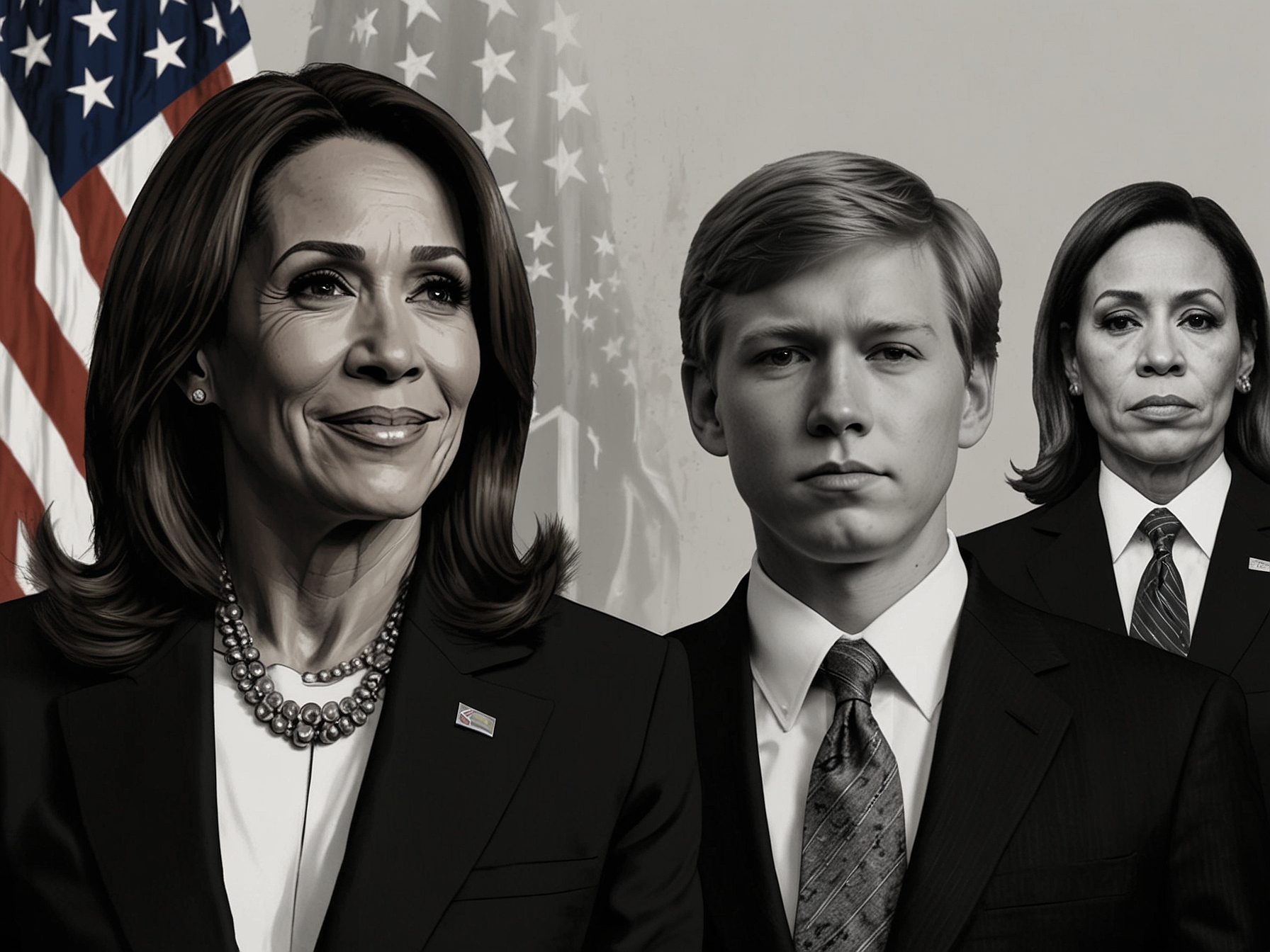A split image showing Barron Trump smiling thoughtfully alongside Vice President Kamala Harris looking pensive, symbolizing the media strategy competition between them.