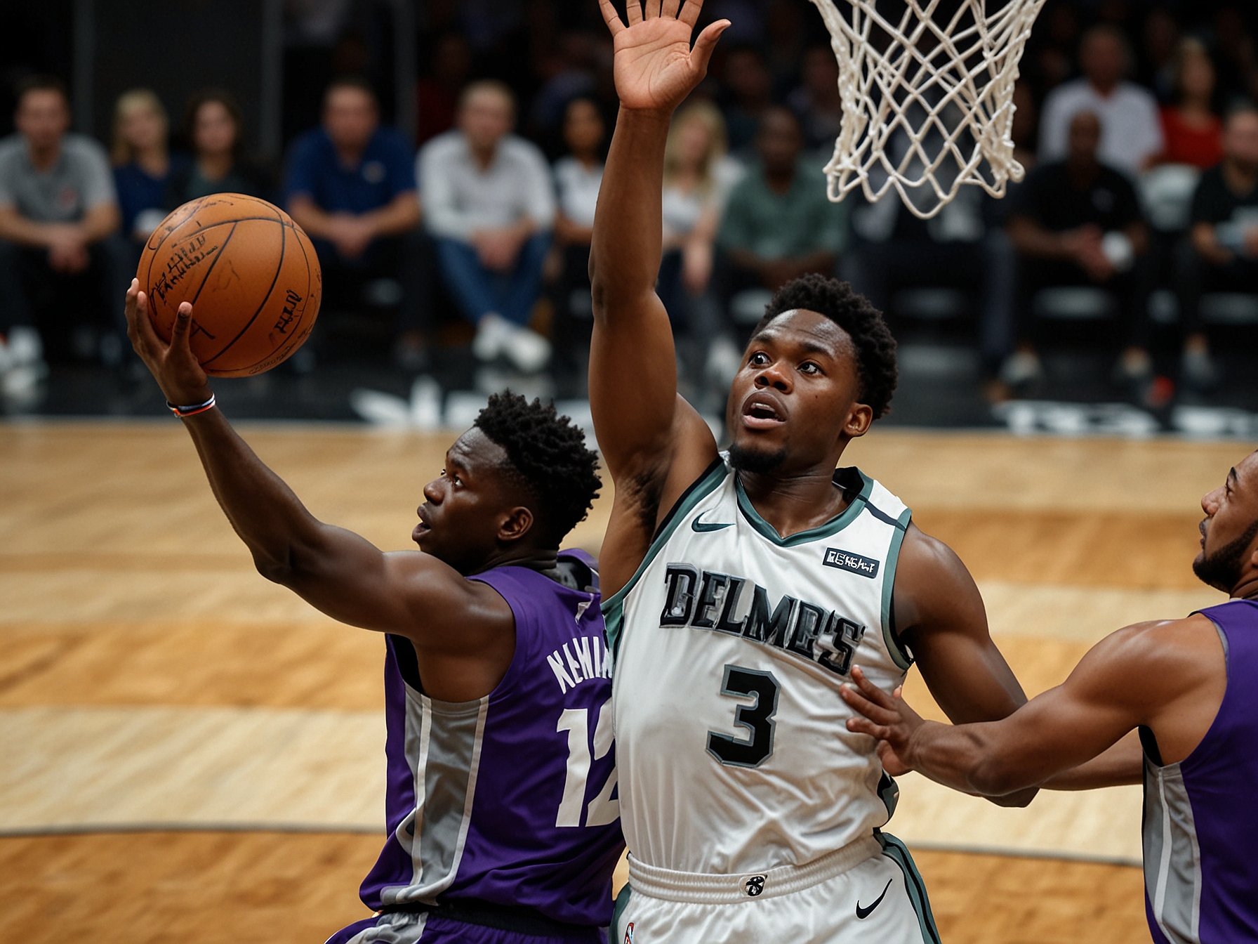 Victor Wembanyama driving to the basket during a thrilling game against the Sacramento Kings, showcasing his height and agility as he goes for a layup with defenders close by.