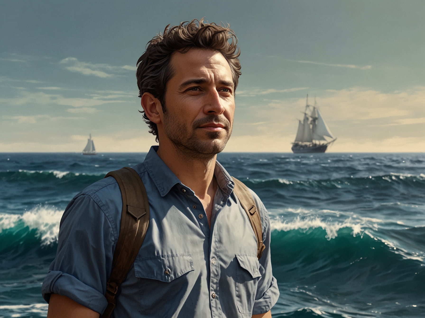 An adventurous portrait of David Mayer standing against a backdrop of a vast ocean, symbolizing his eco-friendly voyages and commitment to environmental awareness.