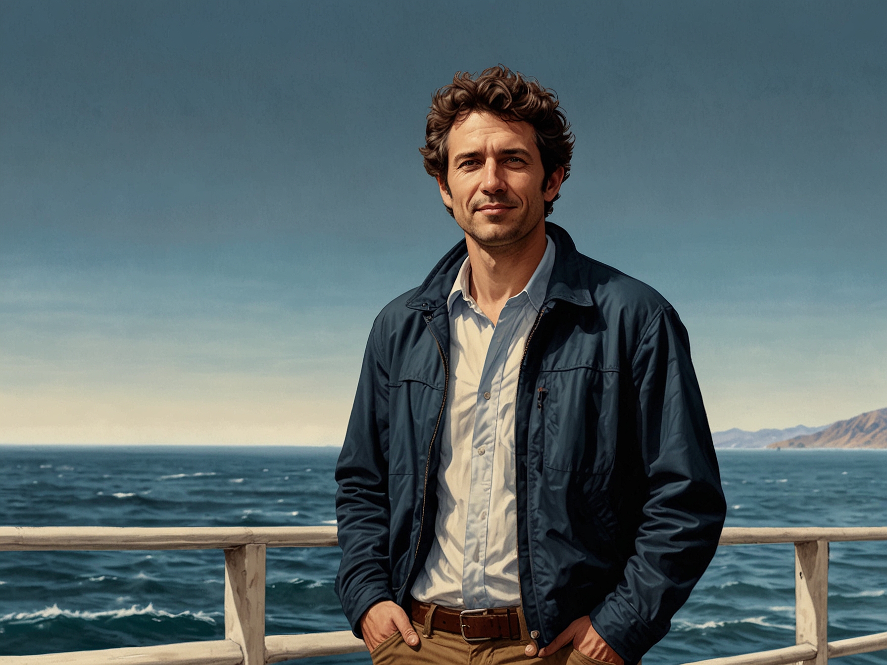 An imaginative depiction of the Plastiki, an eco-ship crafted from recycled bottles, sailing through the Pacific Ocean highlighting Mayer's efforts to address environmental issues.
