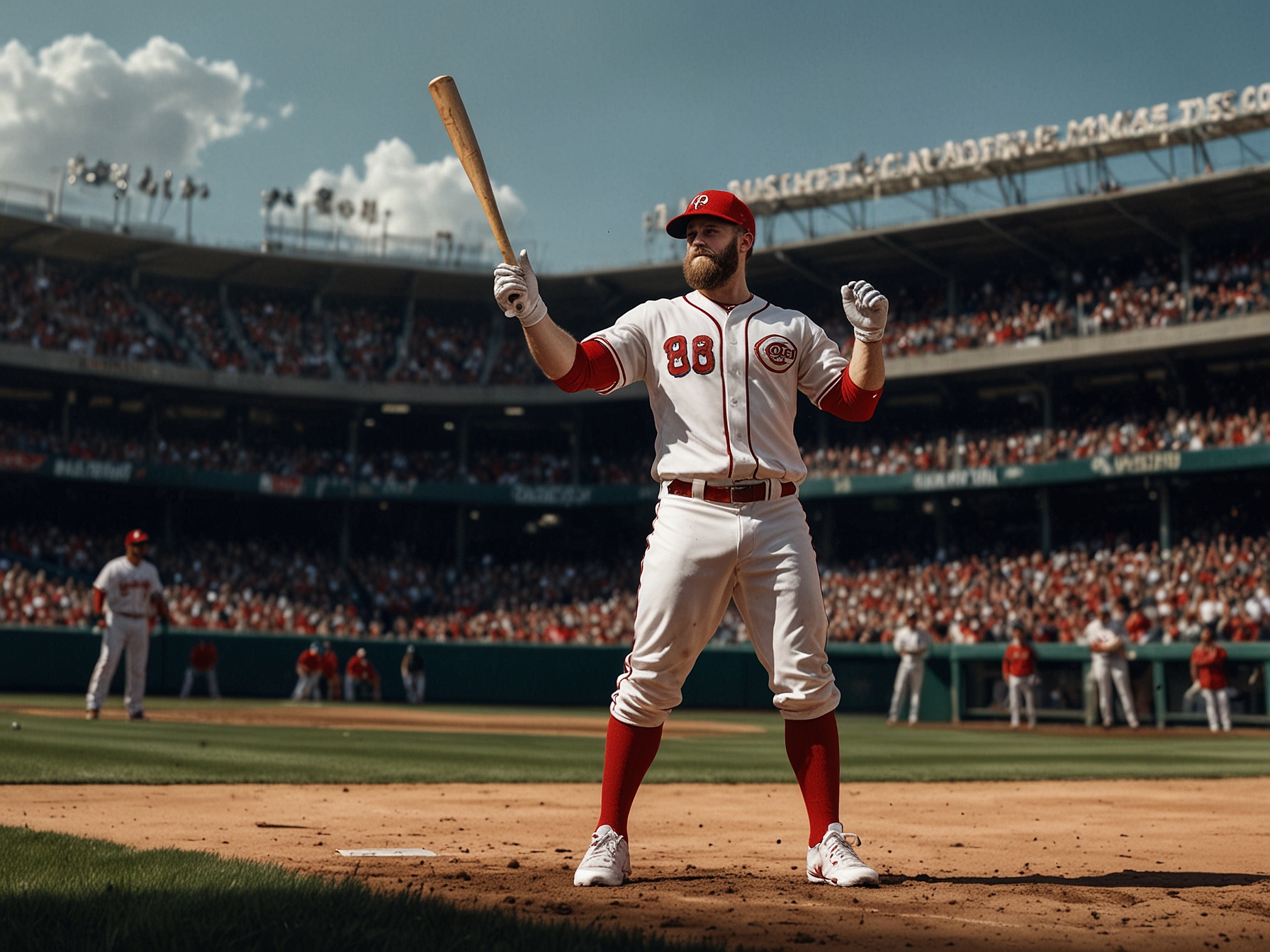 Bryce Harper and Big Justice stand on the field, each wielding a bat, surrounded by cheering fans, embodying the spirit of competition and camaraderie.