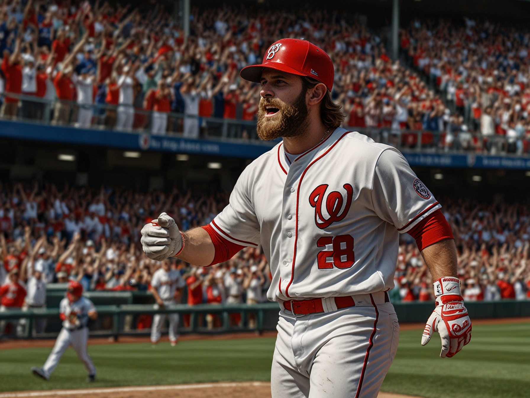 A close-up of Big Justice as he hits a home run, the ball soaring over a smaller fence, with excited spectators in the background celebrating his moment of triumph.