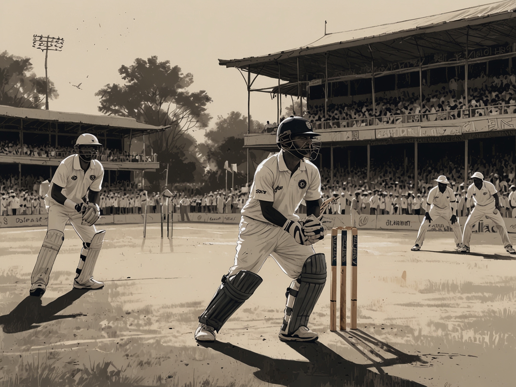 A tense moment from a cricket match showing young players from India and Japan in action, with their passionate fans in the background, symbolizing the rivalry and determination of both teams.