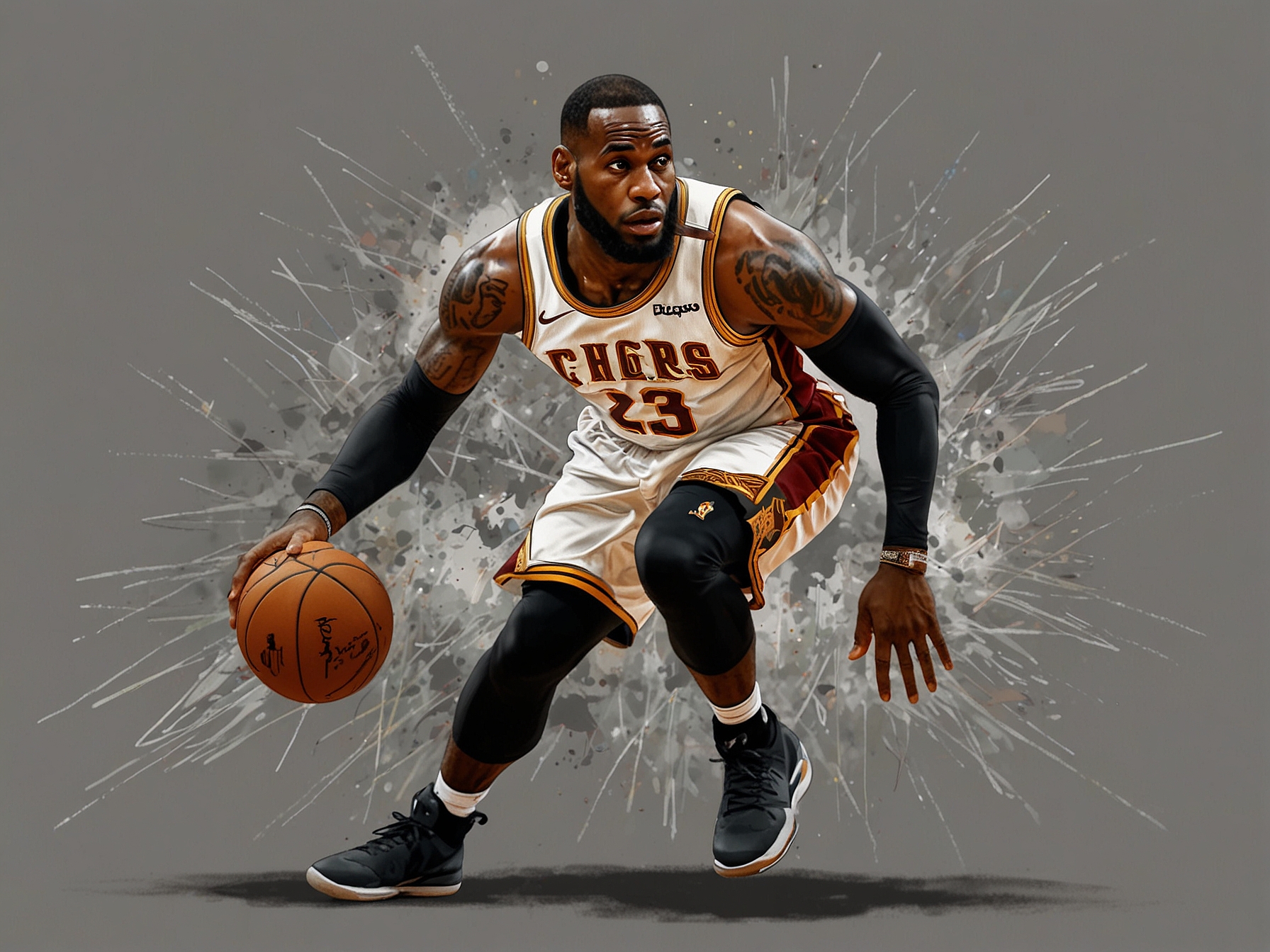 LeBron James dribbling the basketball during a game, showcasing his classic style and determination as he navigates through defenders.