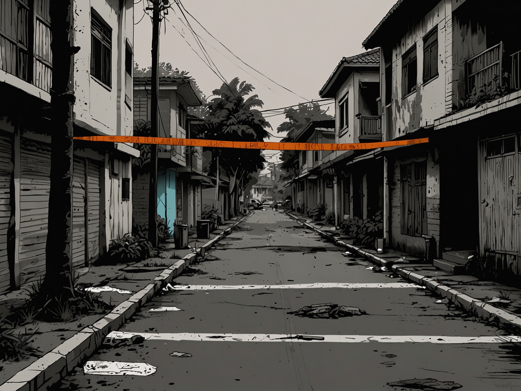 A somber neighborhood in Jakarta, with police tape marking the crime scene, reflecting the shock and chaos following a tragic family incident.