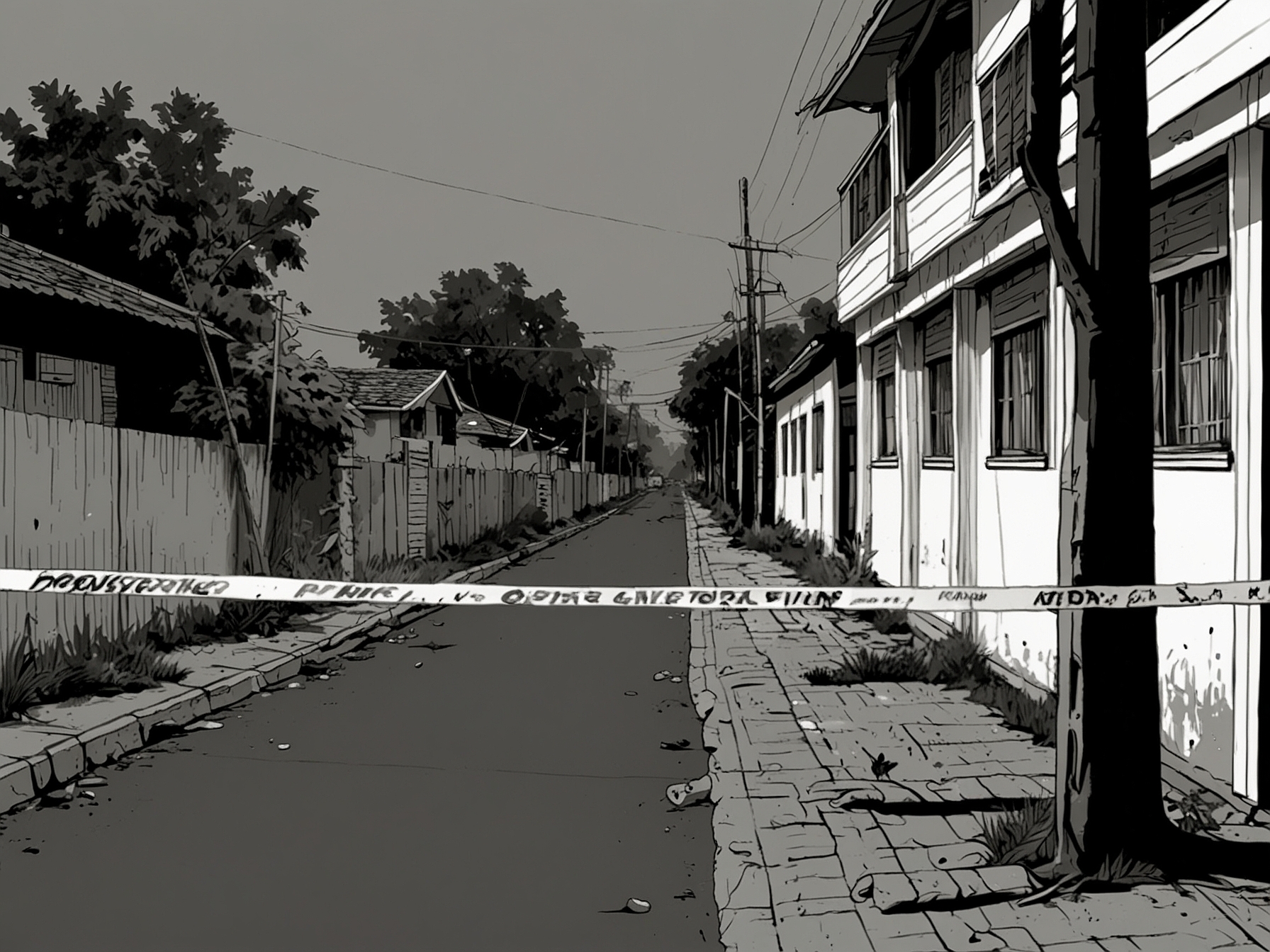 A close-up of bloodstains on the pavement, symbolizing the aftermath of violence and the haunting reality faced by the affected community.