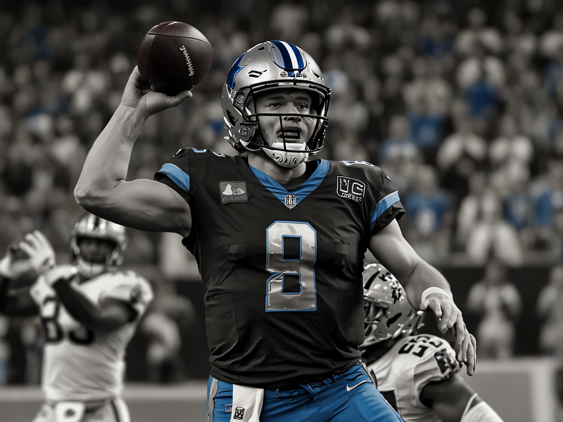 Matthew Stafford throwing a pass during the fourth quarter against the Saints, showcasing his precision and calm under pressure, as Kyren Williams celebrates a touchdown in the background.