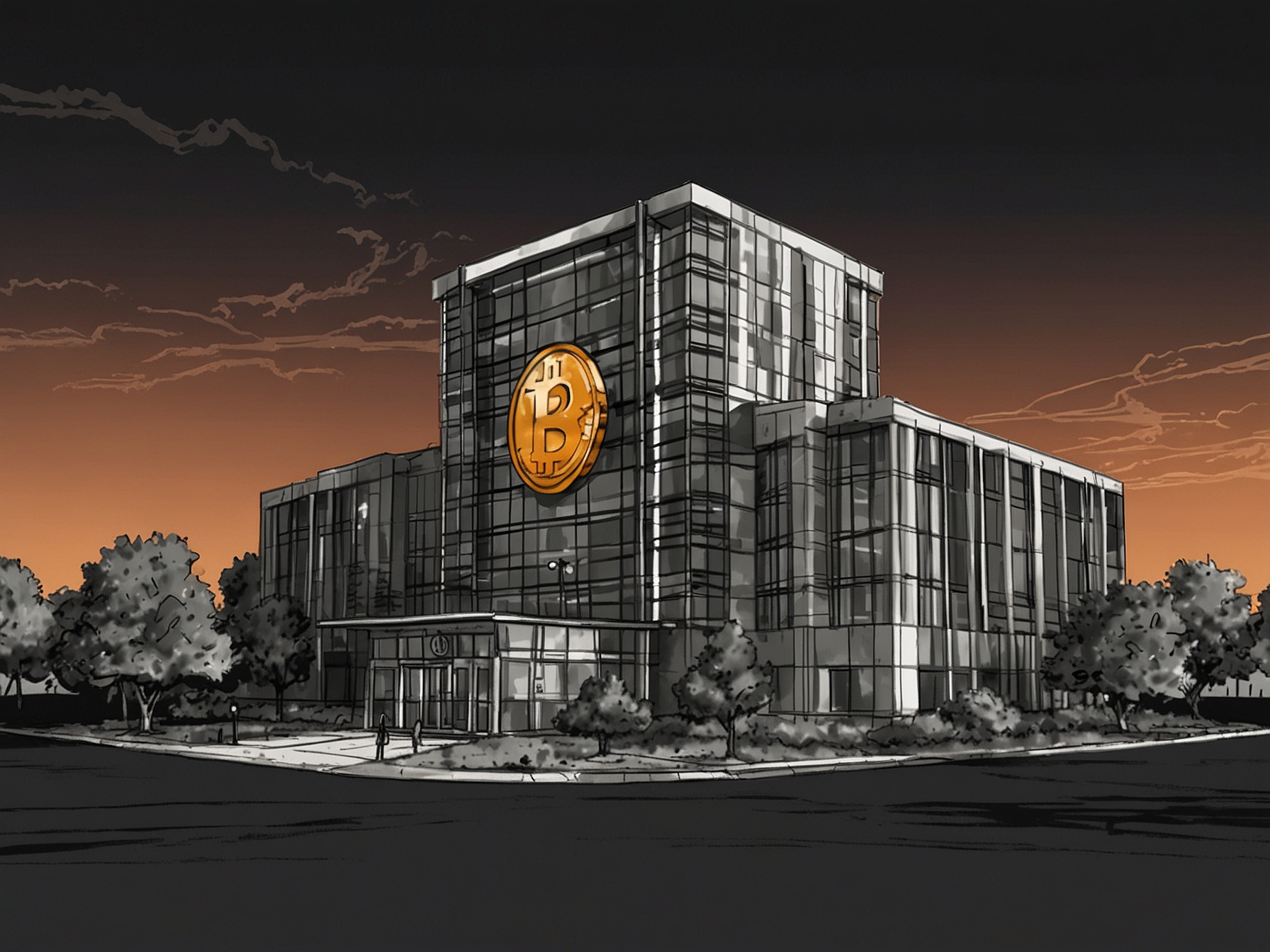 A representation of Microsoft headquarters with a Bitcoin symbol overlay, illustrating the connection between technology and cryptocurrency investment.