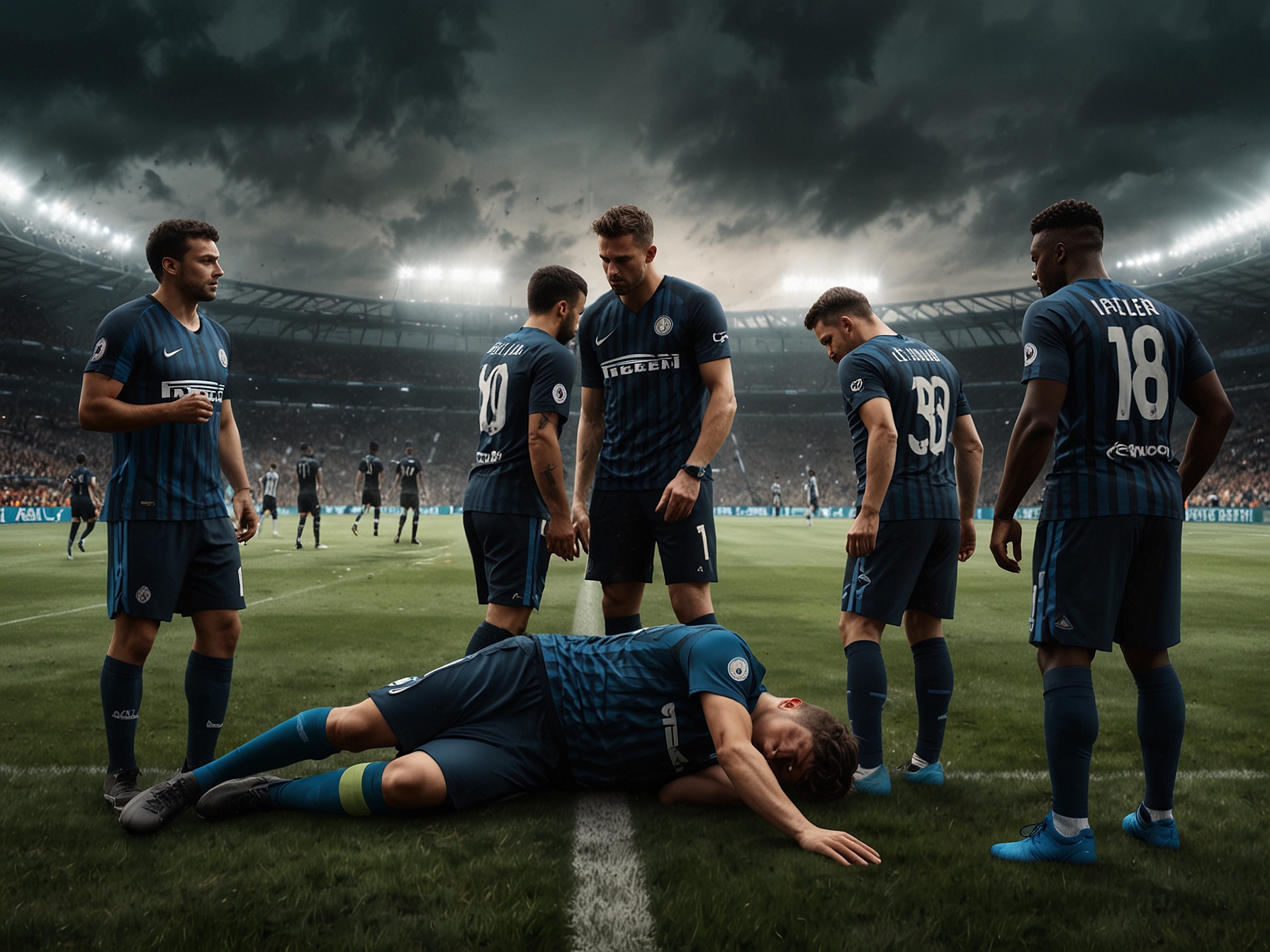 A tense scene on the football field showing Inter Milan players gathered around a fallen teammate, expressing concern and urgency as medical staff rush to assist. The atmosphere is heavy with worry and fear.
