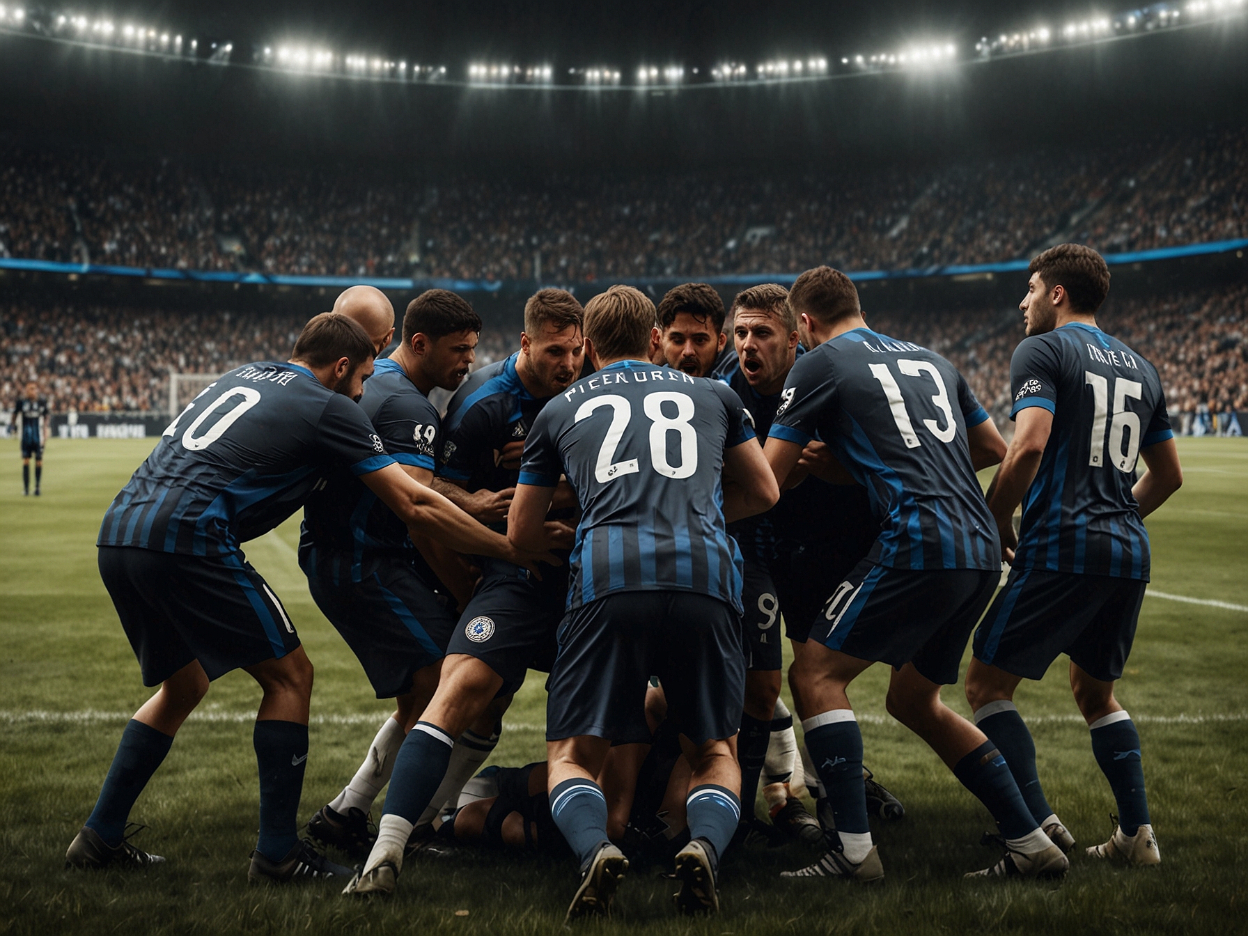 Close-up of players from Inter Milan displaying a range of emotional reactions, concern etched on their faces as they stand protectively around an injured teammate on the pitch.