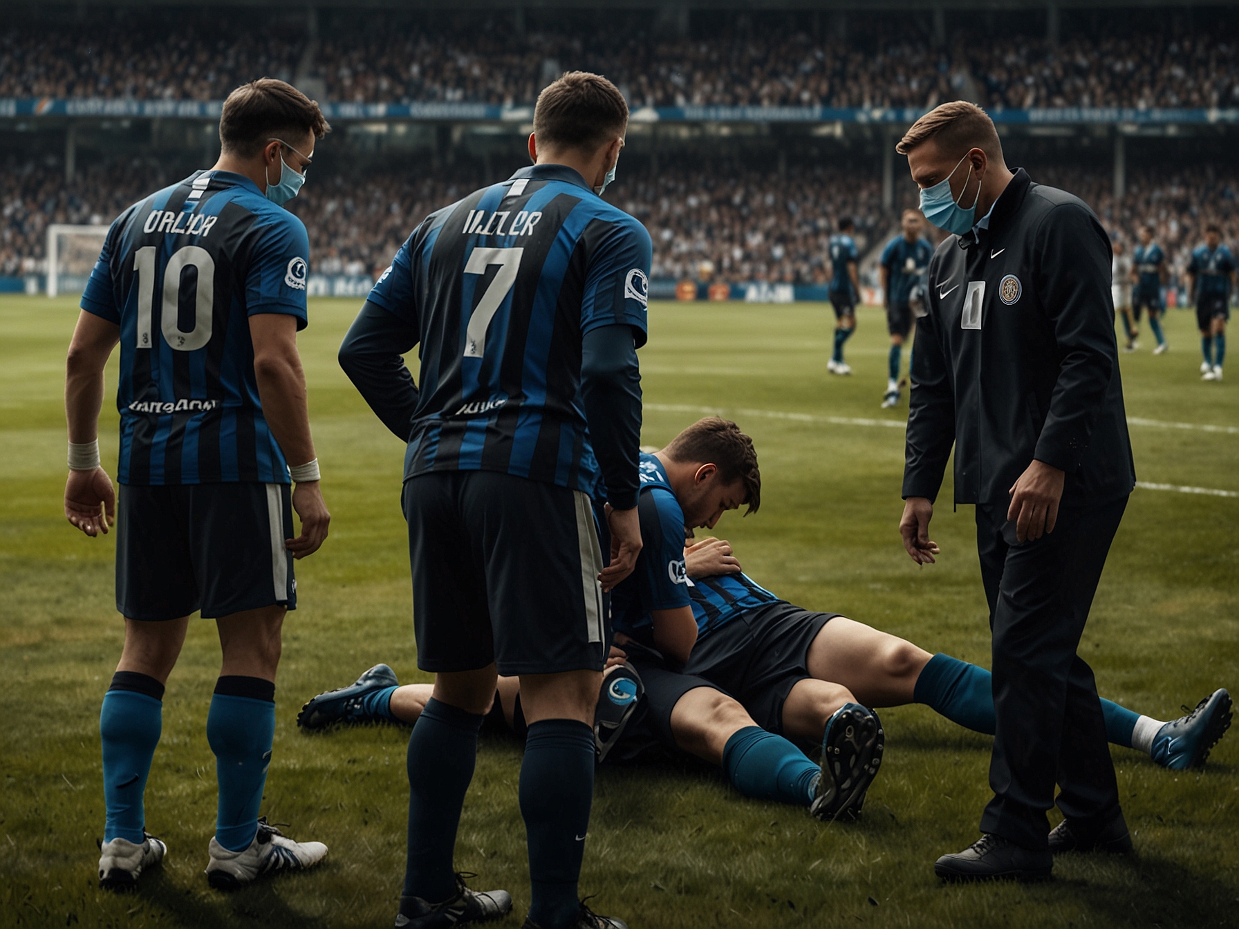 A panoramic view of the stadium filled with anxious fans as they watch the unsettling situation unfold, with players and medical staff surrounded by a tense atmosphere of uncertainty.